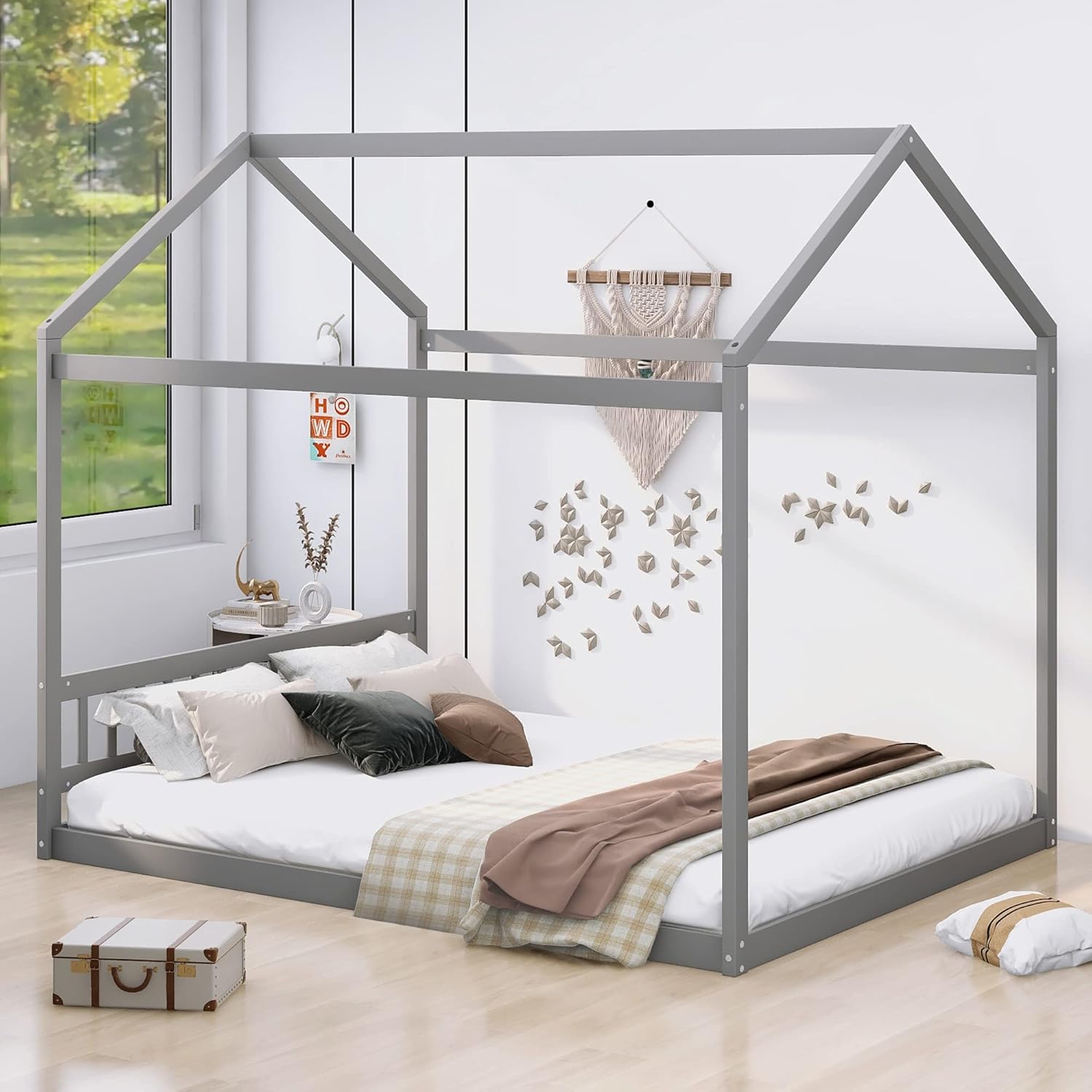 Merax Queen Size Wooden House Bed with Headboard, No Box Spring Needed, Gray