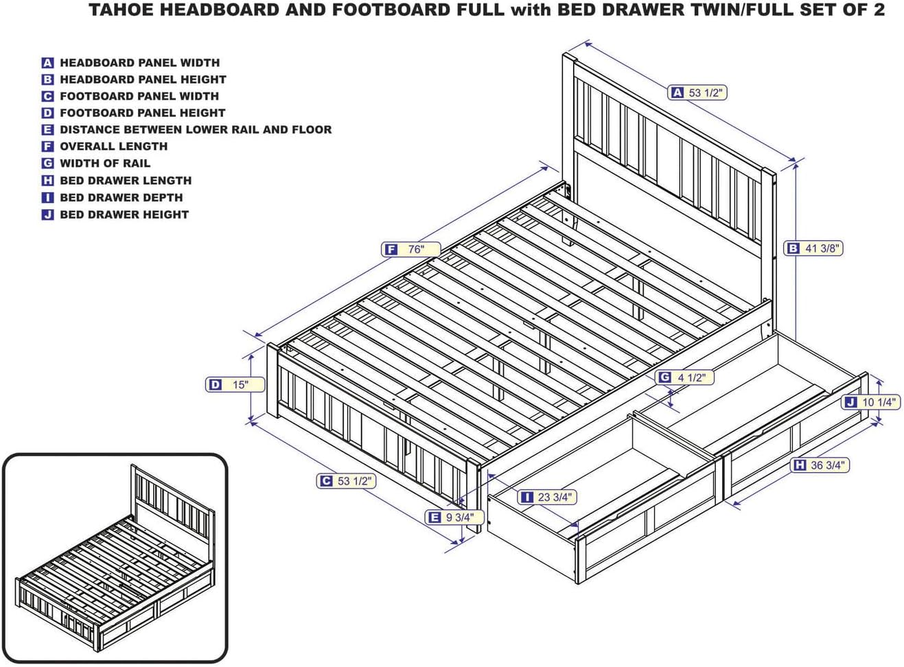 HomeStock Full Platform Bed with Matching Footboard & 2 Storage Drawers in Walnut