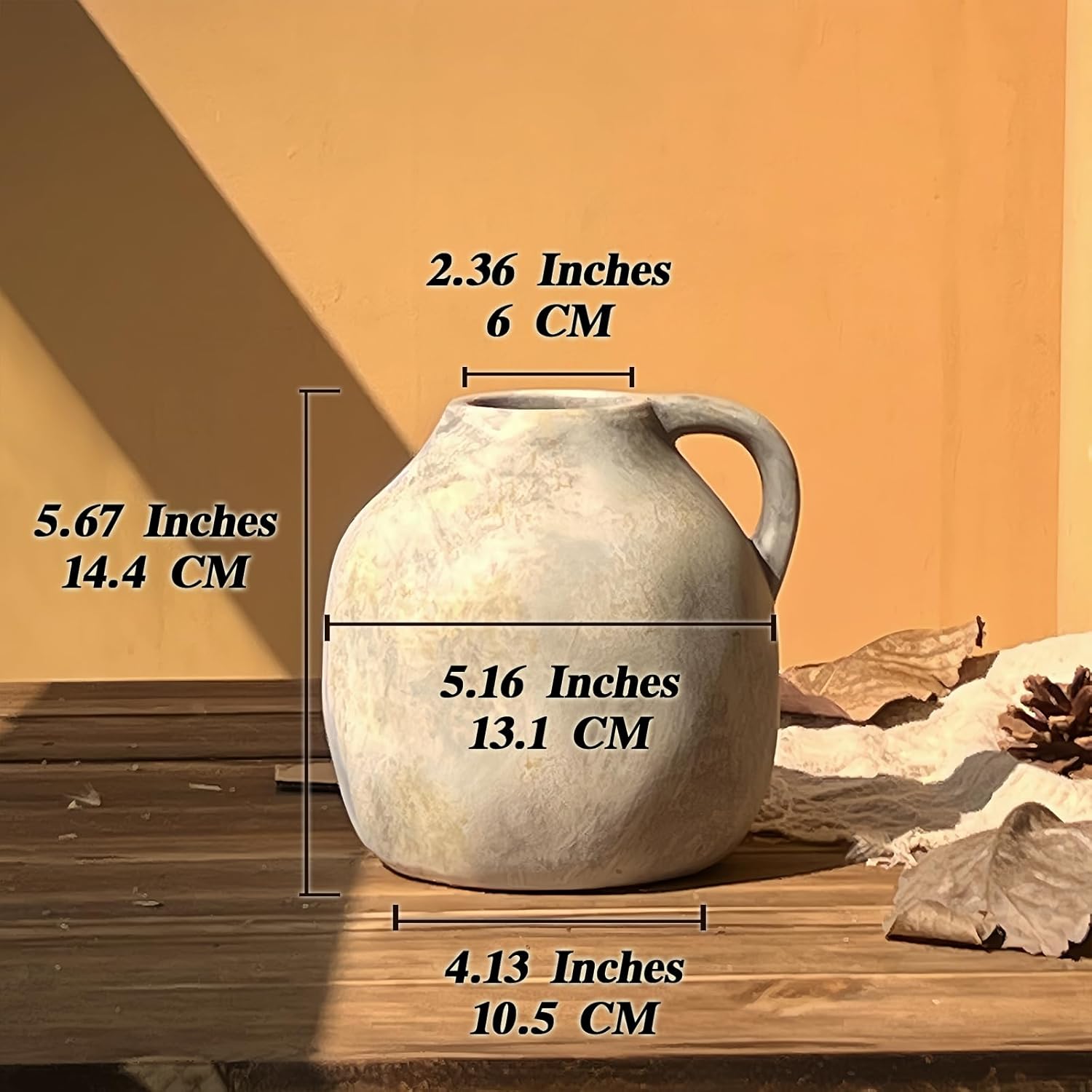 Rustic Ceramic Vase with Handle, Handmade Vintage Pottery for Home Decor, White Gray Farmhouse Flower Vase for Living Room, Wedding, Kitchen Centerpiece - 5.6 Inch