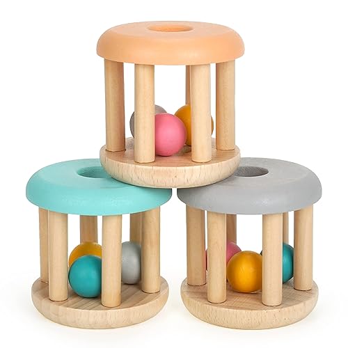 DUCKBOXX XX Montessori Juguetes infantiles, juguete de sonajero rodante de madera natural para bebés de 0.0 ft a 2 años (base (Burlywood - 3 piezas)