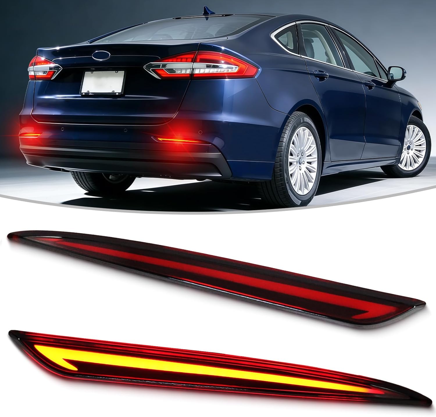 LED Rear Bumper Reflector Light Compatible with 2013-2020 Ford Fusion Mondeo Tail Brake Fog Lamp DRL Turn Signal (Red lens)