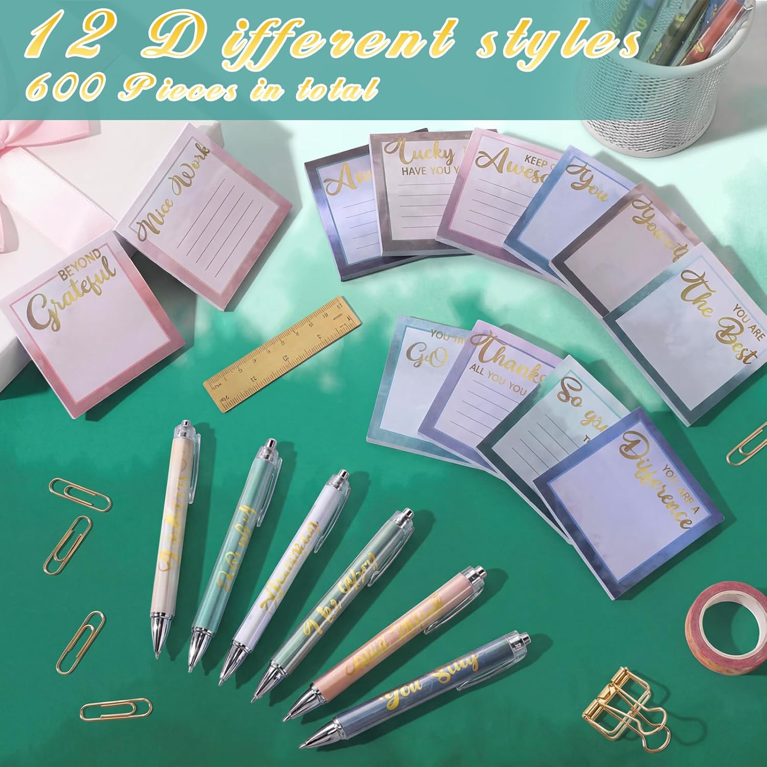 Handepo 48 Pcs Appreciation Inspirational Sticky Notes and Pens Bulk Funny Cute Motivational to Do List Note Pads Supplies Writing Party Favor Set for Ot Month Coworkers Office Gifts