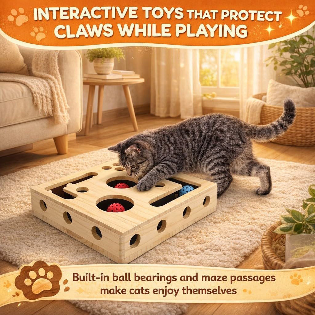 Cat Claw Saver, Cat Scratch Puzzle Enrichment Box Interactive Cat Toy with Nail File Sandpaper Claw Care Stress Relief Scratcher with Balls for Indoor Cats Grooming Play (Wood Color)