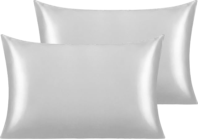 NTBAY 2 Pack Silk Satin Pillowcases for Hair and Skin, Luxurious and Silky Standard Pillow Cases with Envelope Closure, 50x75 cm, Silver Grey