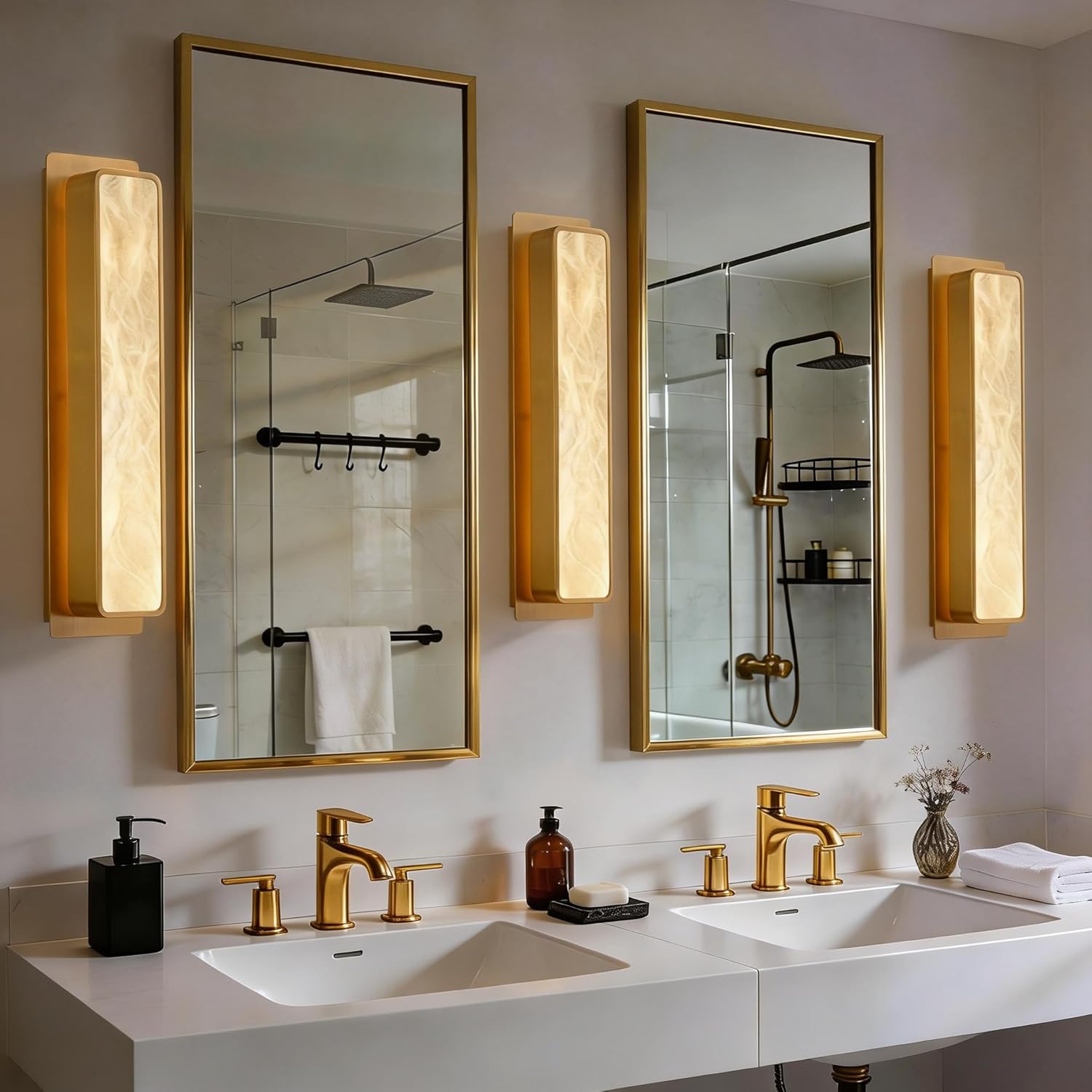 Alabaster Wall Sconces Natural Marble 20in Bathroom Vanity Wall Light Fixture Marble Wall Sconce Brass Square Alabaster Stone for Iving Room, Dining Room,Stairs, Hallway, Bedroom