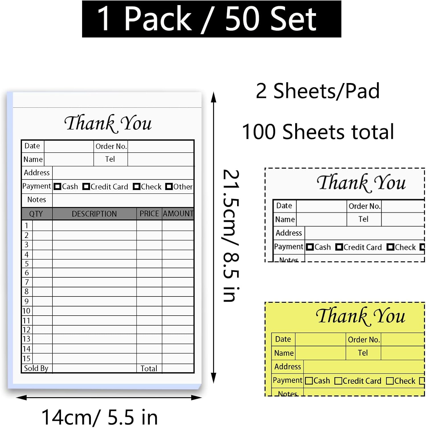 50 Sets Thank You Receipt Book with Carbonless Copies, 5.5 x 8.3 in Invoice Receipt Book for Small Business - White/Yellow 2 pk