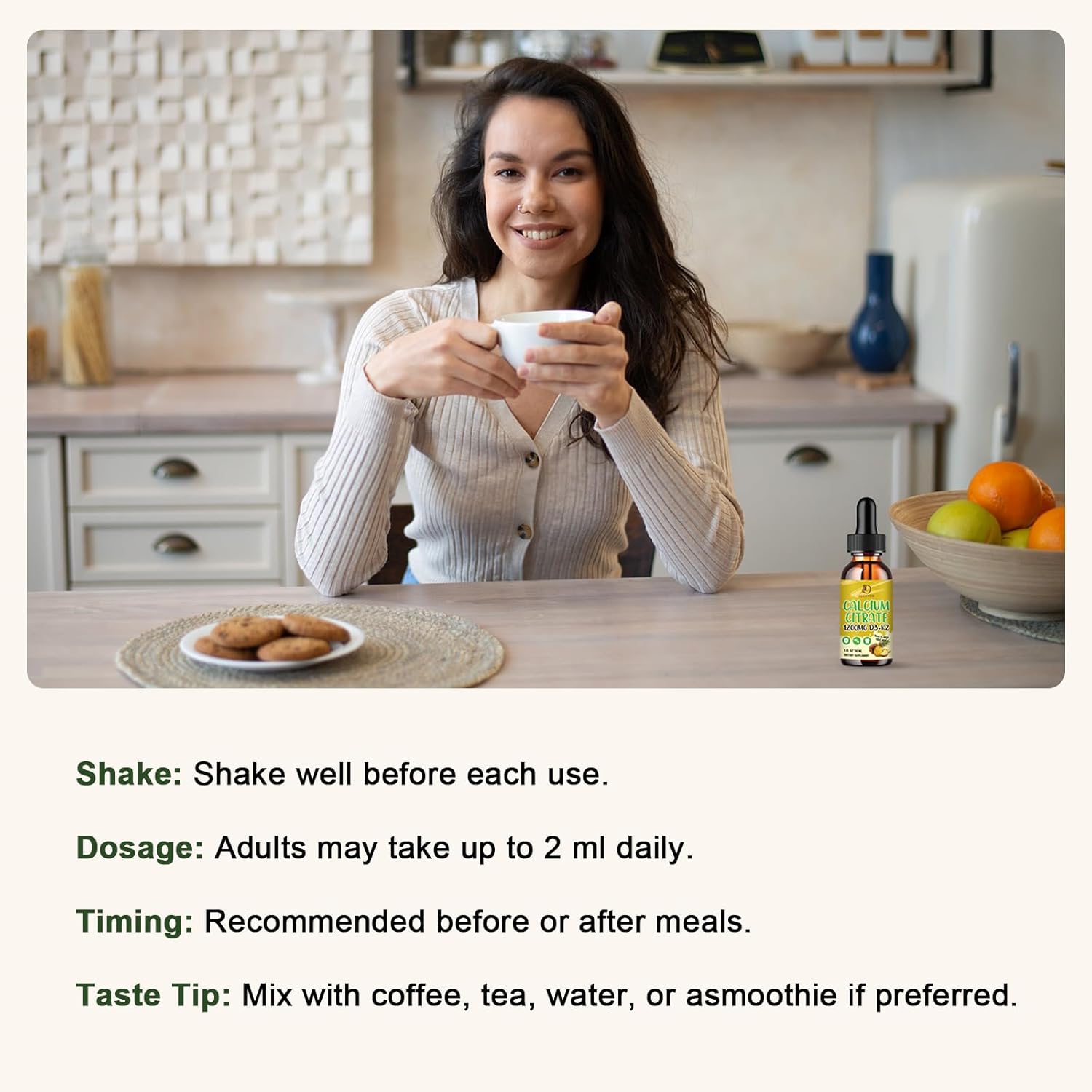 Calcium Citrate 1200 mg with Vitamin D3 Liquid Drops for Women & Men, Calcium Citrate with Vitamin D3 & K2 for Bone Muscle & Teeth- 2 Fl oz- 30 Day Vegan Supply - Image 6