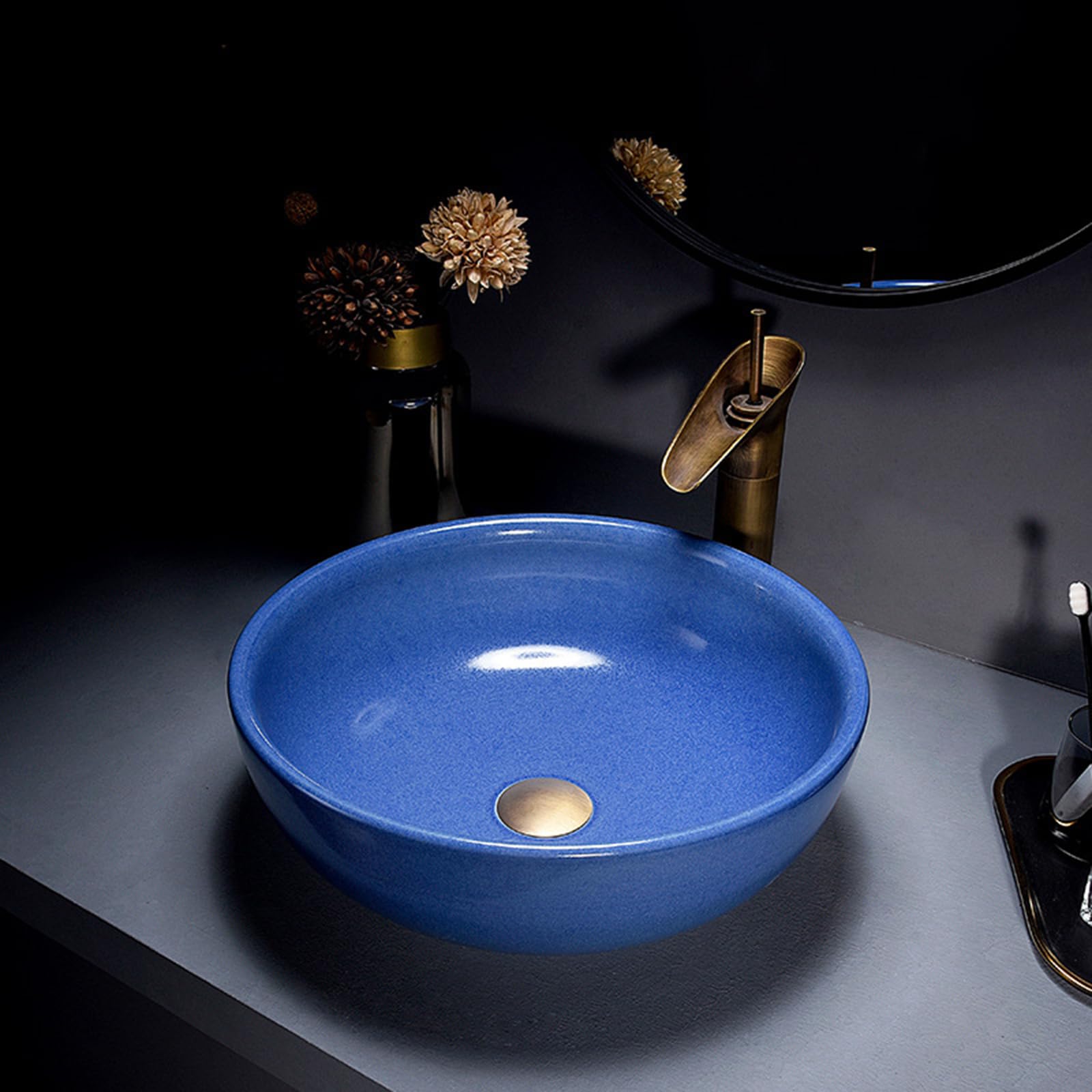 Aioneer Round Bathroom Vessel Sink, Bathroom Sink With Faucets Combo Countertop Vessel Vanity Sink, Above Counter Bathroom Vessel Sink Bowl With Smooth Surface Blue Art Basin