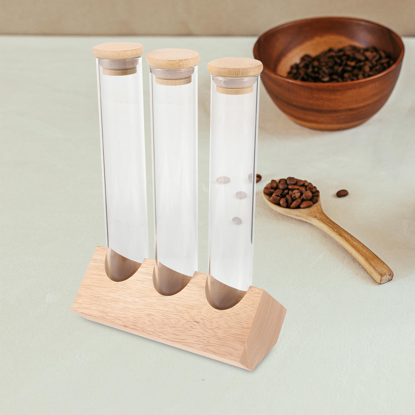 Homoyoyo Expositor para Granos de Café Soporte de Madera, Set de 3 Tubos de Ensayo de Vidrio Transparente Tapón, Contenedores Sellados Multifuncionales para Conservar Café, Té y Especias