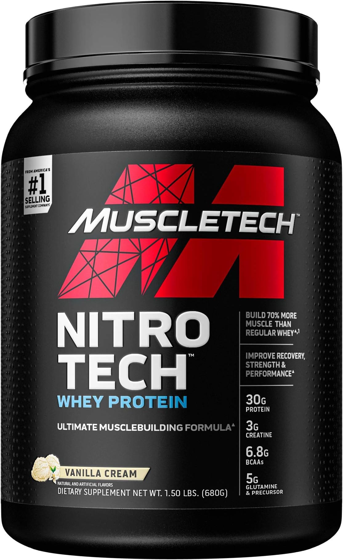 Whey Protein Powder | MuscleTech Nitro-Tech Whey Protein Isolate & Peptides | Protein + Creatine for Muscle Gain | Muscle Builder for Men & Women | Sports Nutrition | Vanilla, 1.5 lb (15 Servings)