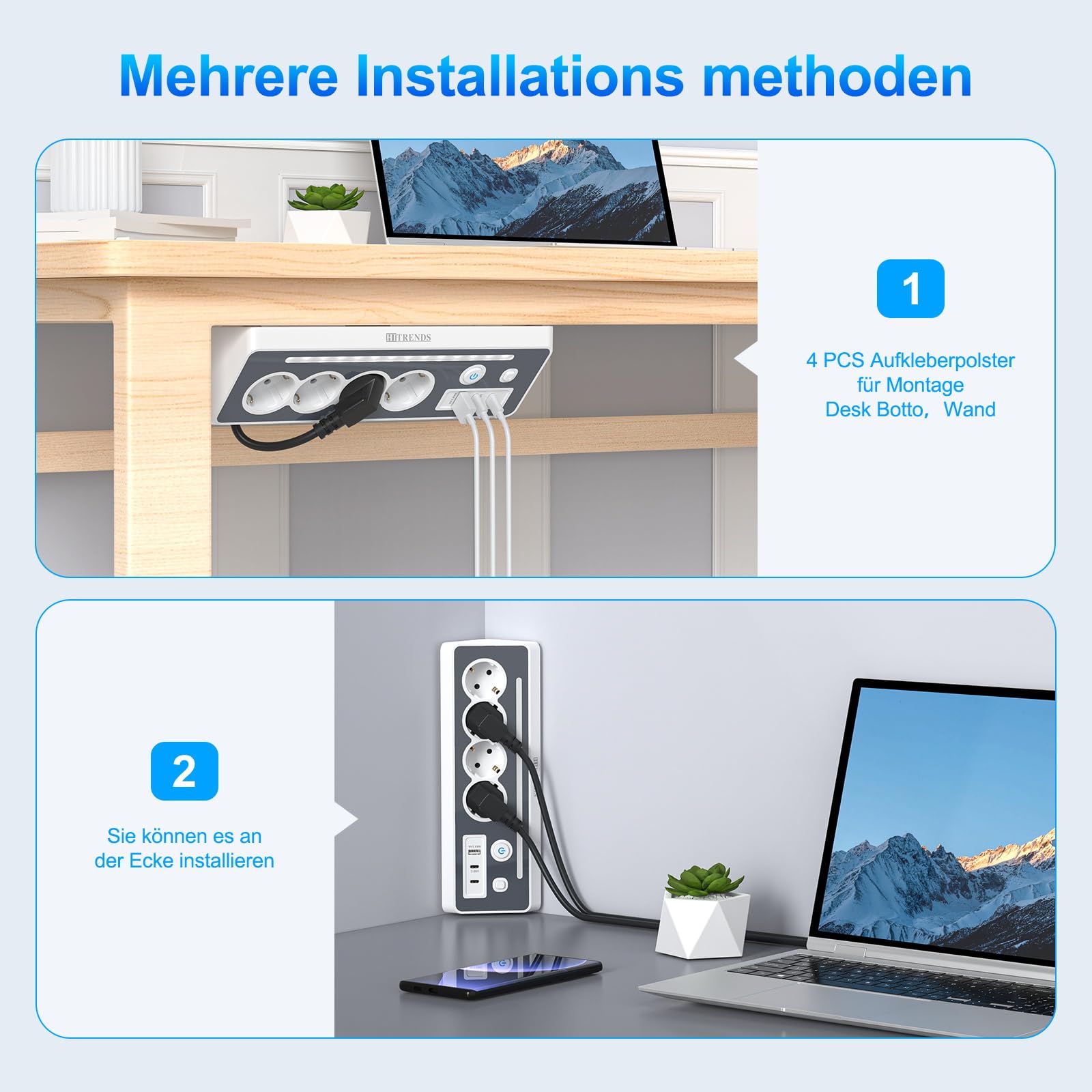 Listwa zasilająca z 4 gniazdami wtykowymi z 3 gniazdami USB, z gniazdem USB C, listwa zasilająca na biurko ze światłem, kabel 2 m, biała