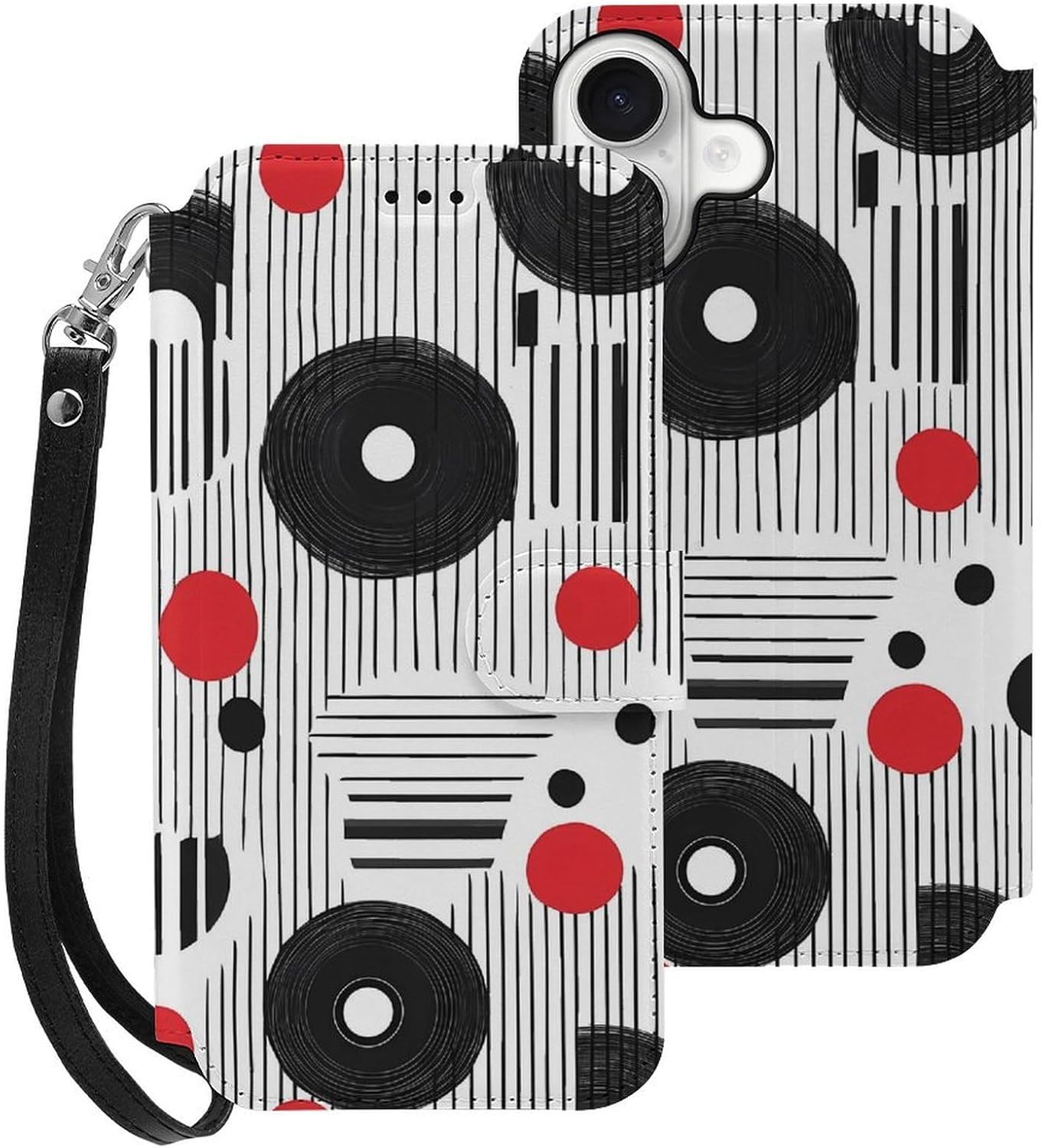 Black White Piano Keys Vinyl Records Compatible with iPhone 16/16 Plus/16 Pro/16 Pro Max/16 E Case Phone Wallet Card Holder Flip Cover with Wrist Strap