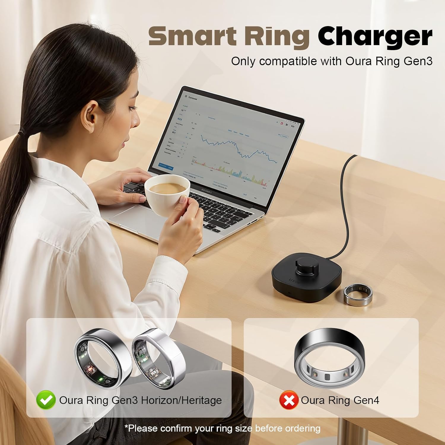 Compatible with Ring Gen 3 Size 8 Charger, Upgraded Safety Mechanism and USB-C Cable Charger One-Step ChargingDock for Smart Ring (Size 8)