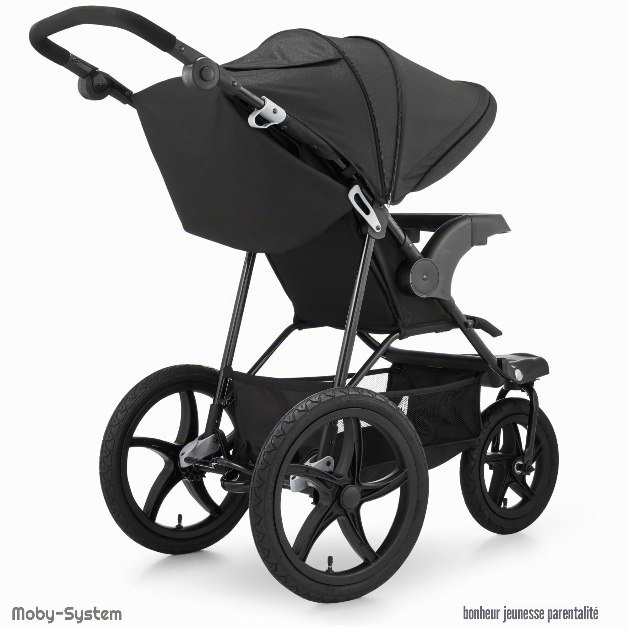 Moby-System Runner Mountain Poussette 3 Roues Pliable Compacte - Ceinture 5 Points, Panier de Rangement, Toit Réglable avec Fenêtre - Pour Enfants jusqu'à 15 kg - Noir