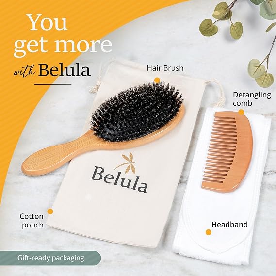 Belula 100% Boar Bristle Hair Brush Set, Medium, for Thin and Fine Hair