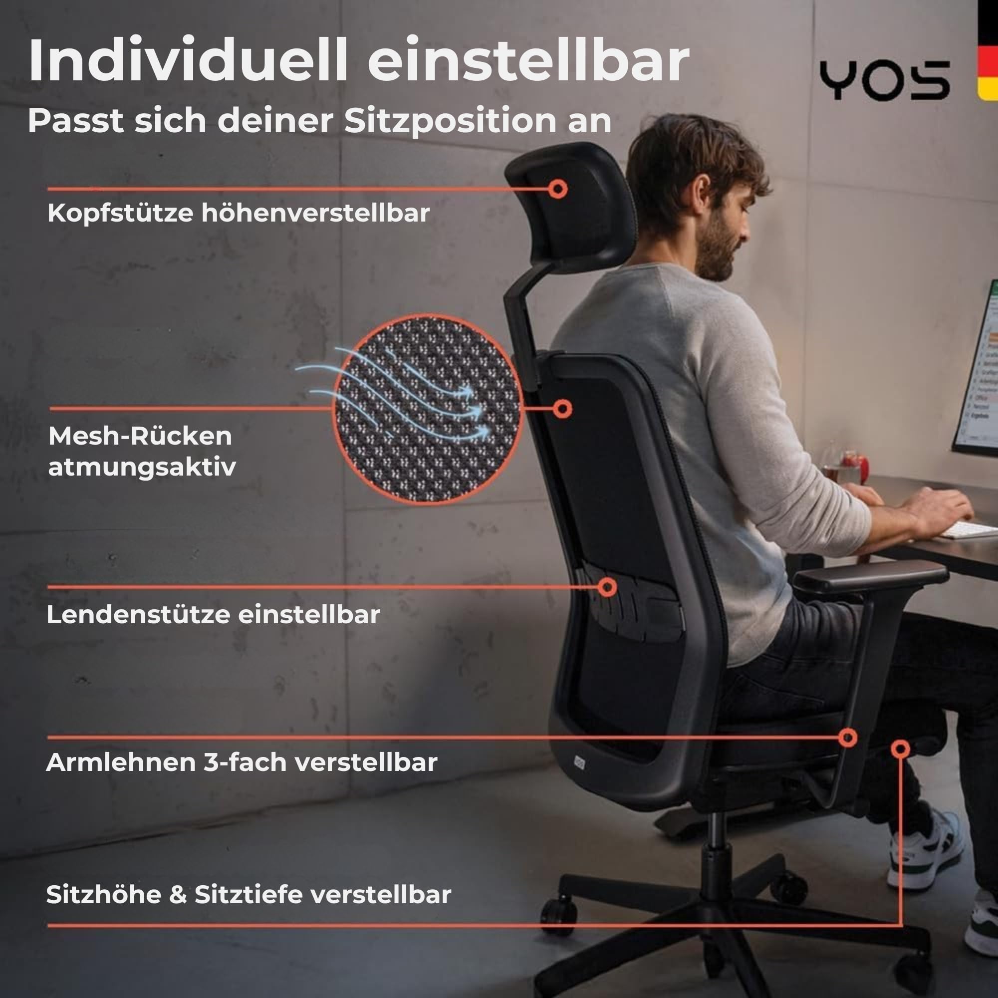 YOS S5 ergonomischer Bürostuhl mit Kopfstütze, Schreibtischstuhl | Netzrücken, Lordosenstütze, Kopfstütze, 150 kg Belastbarkeit – Made in Germany