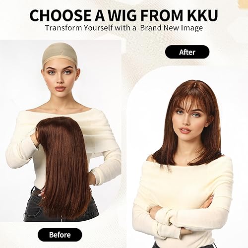 Miniatura 3 de KKU Pelucas de cabello humano rubio mezclado con castaño de 16 pulgadas para mujer, peluca de cabello lacio en capas con flequillo, usa realismo