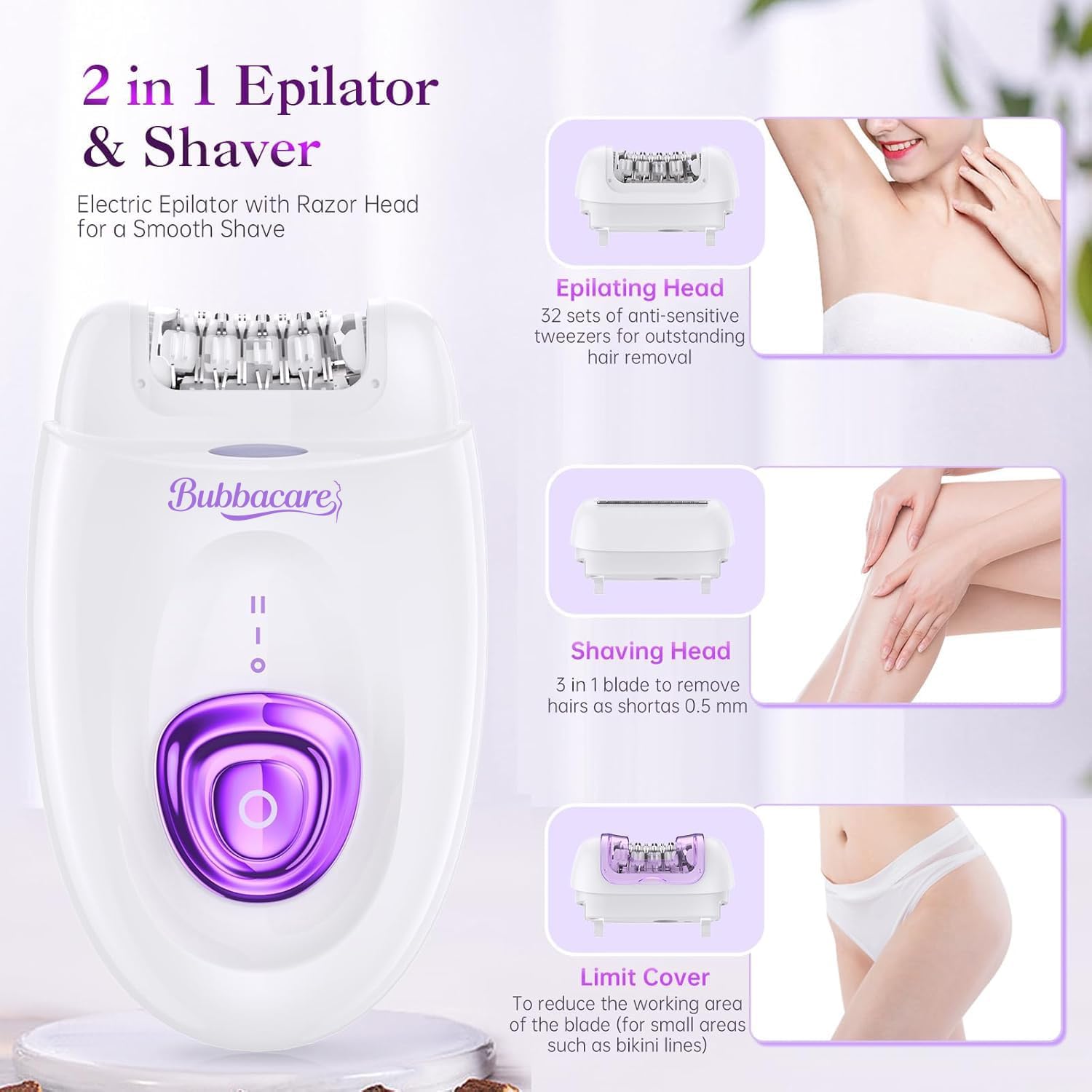 Epilatore per donne, dispositivo di depilazione facciale senza fili, con testina e rasoio, epilatori a scorrimento liscio, 2 velocità e 36 pinzette per viso, gambe, braccia, ascelle bikini