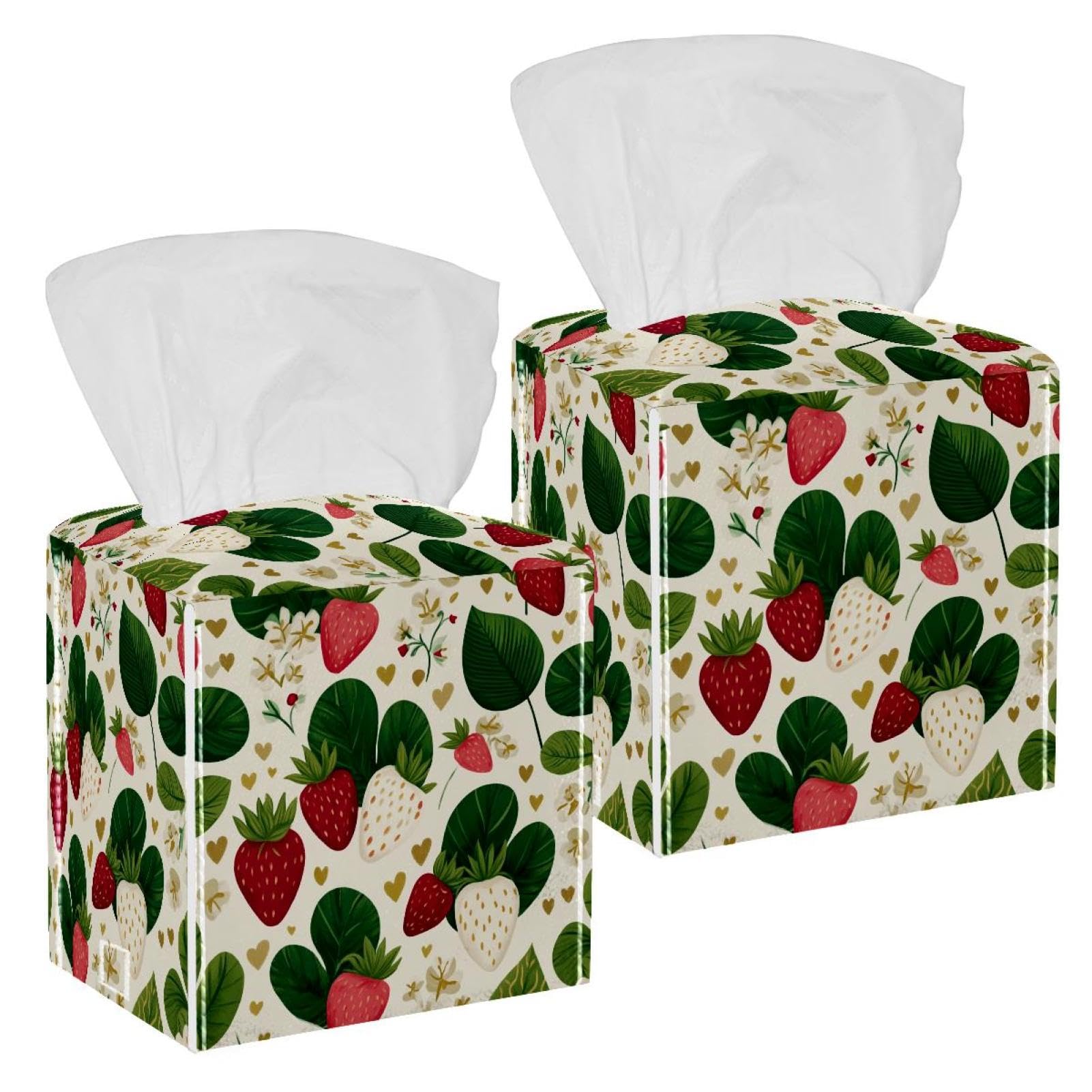 Strawberry Tissue Box Cover, 2 Pack PU Leather Square Facial Tissue Dispenser Box holder for Home Office Car