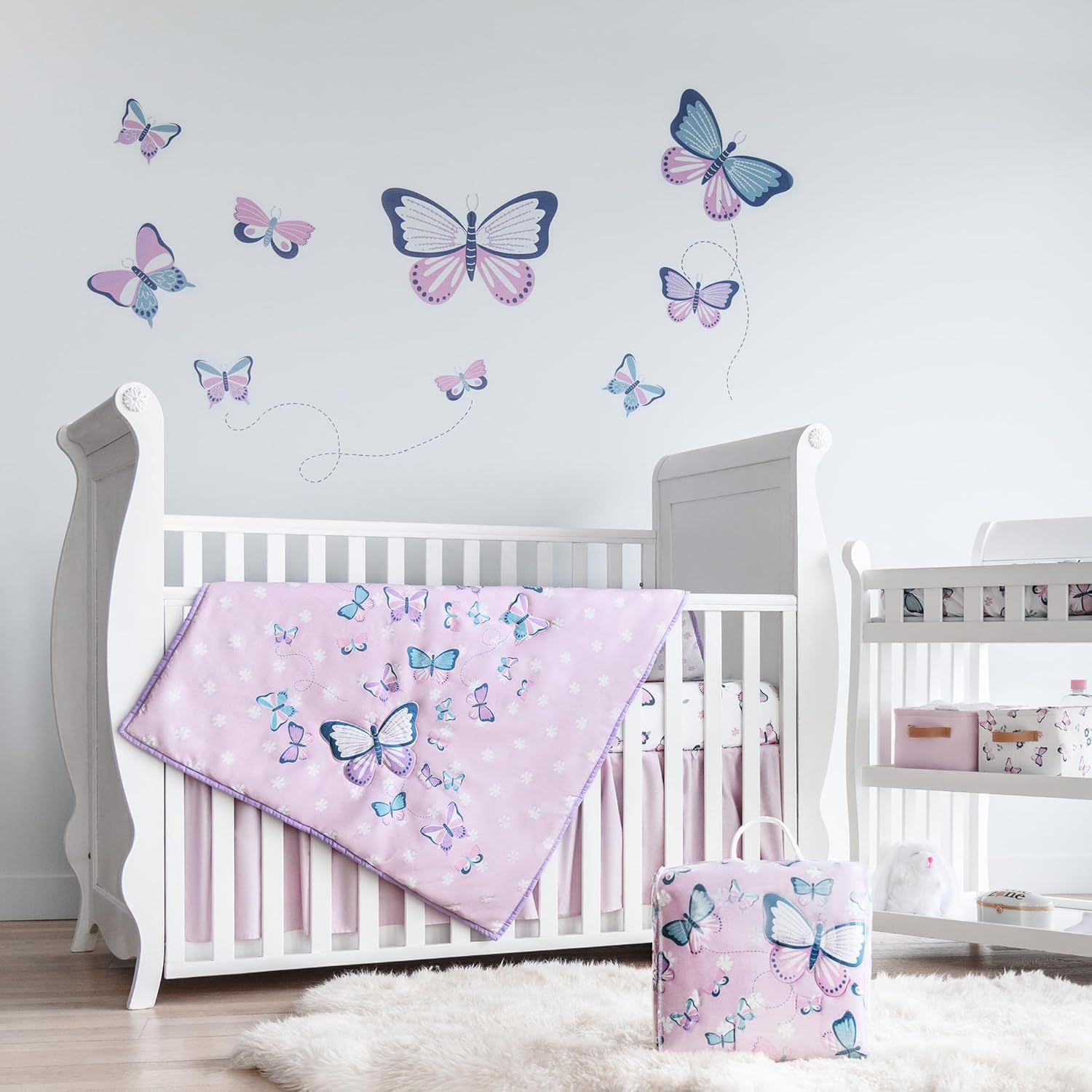 Butterfly Crib Bedding Set for Girls - 5 Pieces Including Baby Girl Blanket, 2 Crib Sheets, Crib Skirt, and Purple Butterfly Wall Sticker - White & Pink - Butterfly Nursery Decor