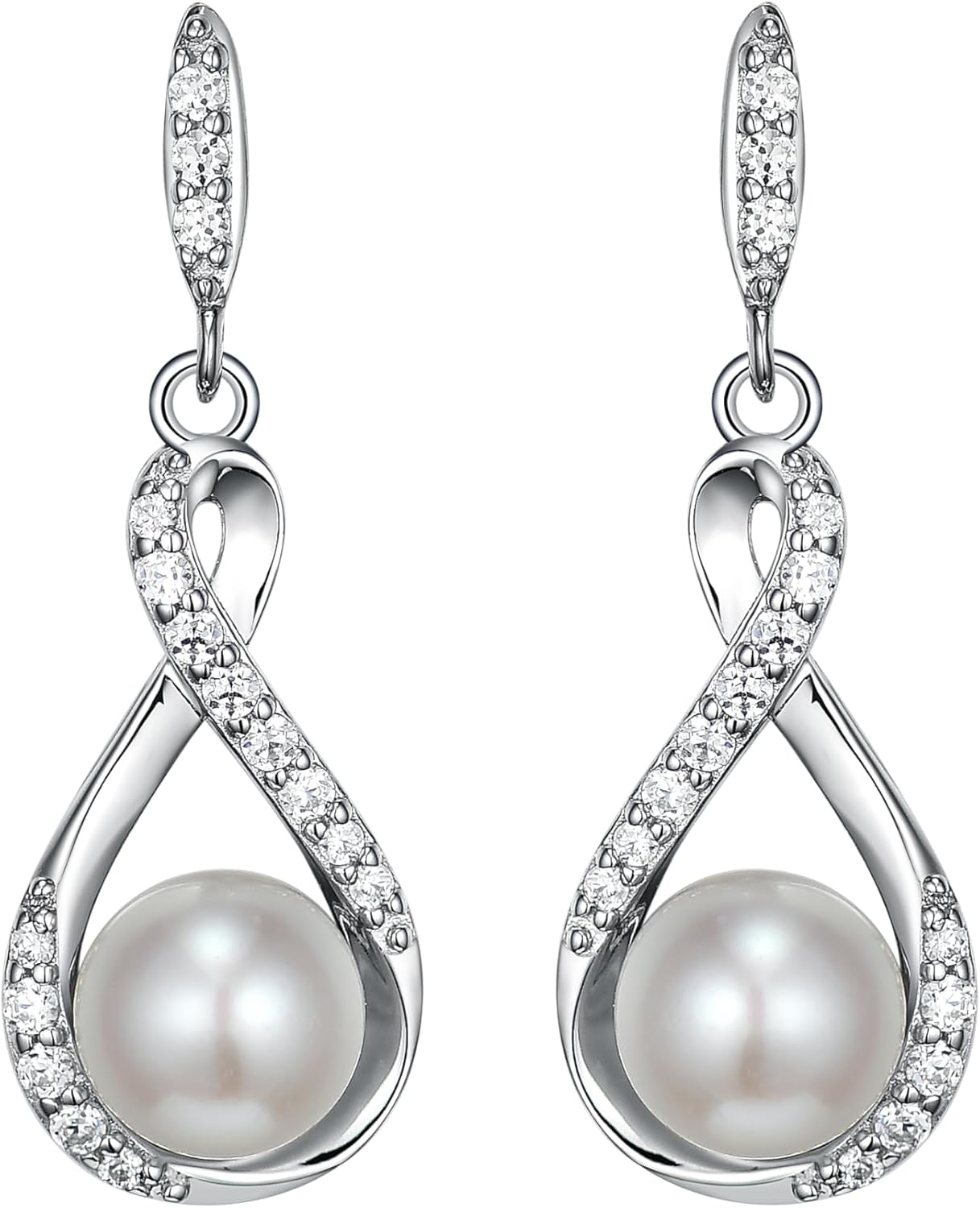 White Pearl Earrings Sterling Silver Infinity Symbol with Cubic Zirconia, Fine Jewelry Gift for Women, Best for Graduation, Mother's Birthday, and Special Occasions