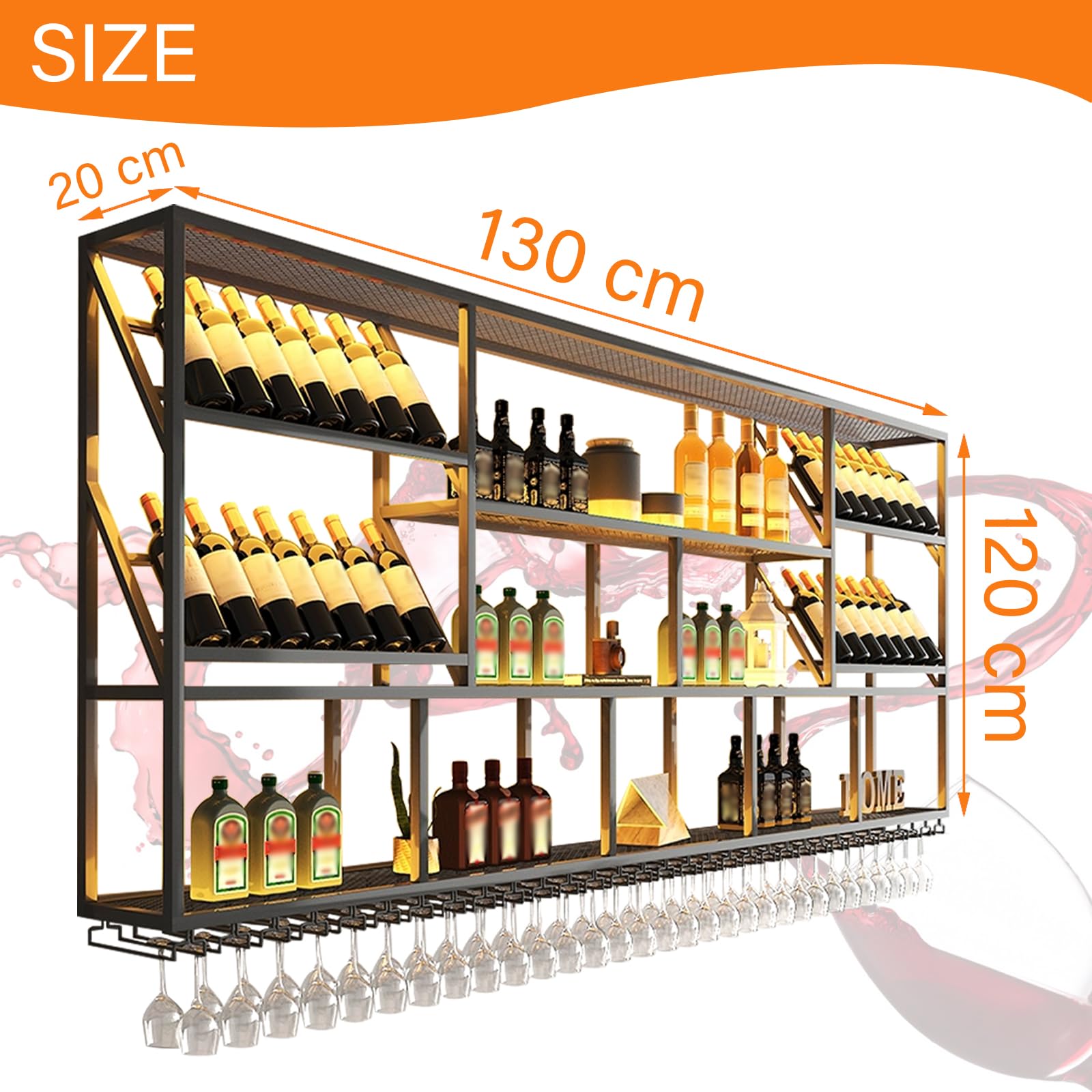 Estante para Vino Montado en la Pared, Soporte Industrial para Bar de Licor de 3 Niveles Copas, Estante Colgante de Metal para Exhibición de Botellas de Vino, Decoración para el Hogar (130cm)