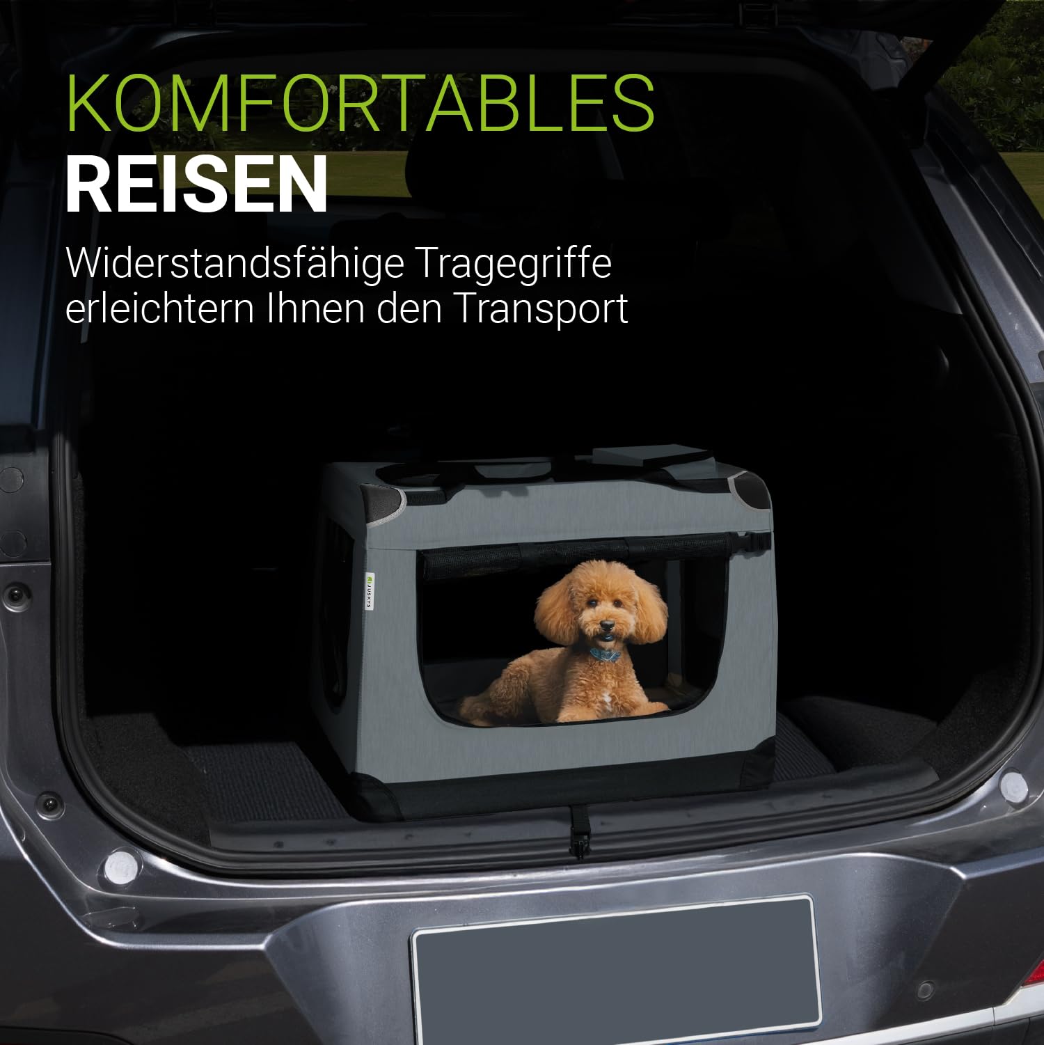 Juskys Hundetransportbox Lassie M faltbar & tragbar 42x60x44 cm mit Decke, Tasche & Griffen - Faltbare Transportbox für Hunde, Katzen & Haustiere - Oxford Stoff Hundebox Auto Hundetasche - Grau
