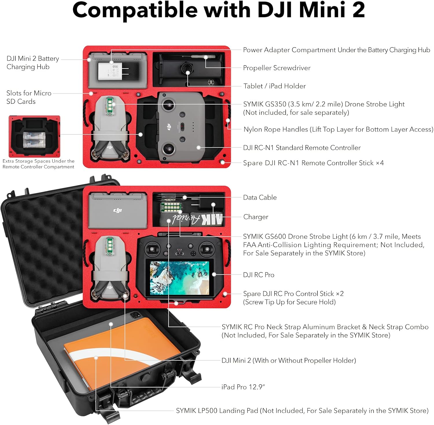 SYMIK A310-MM2DL Mini 2 SE Dual Layer Waterproof Hard Carrying Case for DJI Mini 2 SE/Mini 2/Mini SE/Mavic Mini 1, Fly More Combo w/Stock RC/Smart Controller; Fits Tablet Holder, Landing Pad, iPad