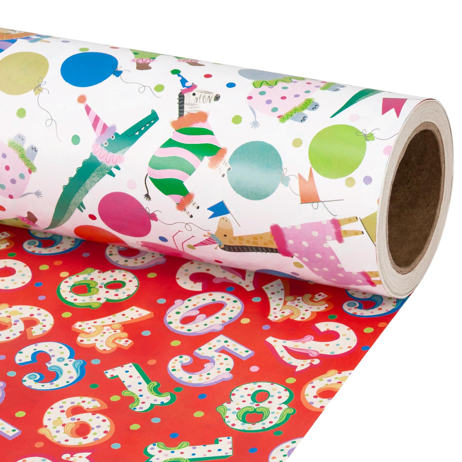 RUSPEPA Reversible Mini Wrapping Paper Roll, Cartoon Animals & Number Patterns for Kids Birthdays, Baby Showers and Party Gifts, 43.2cm x 3m