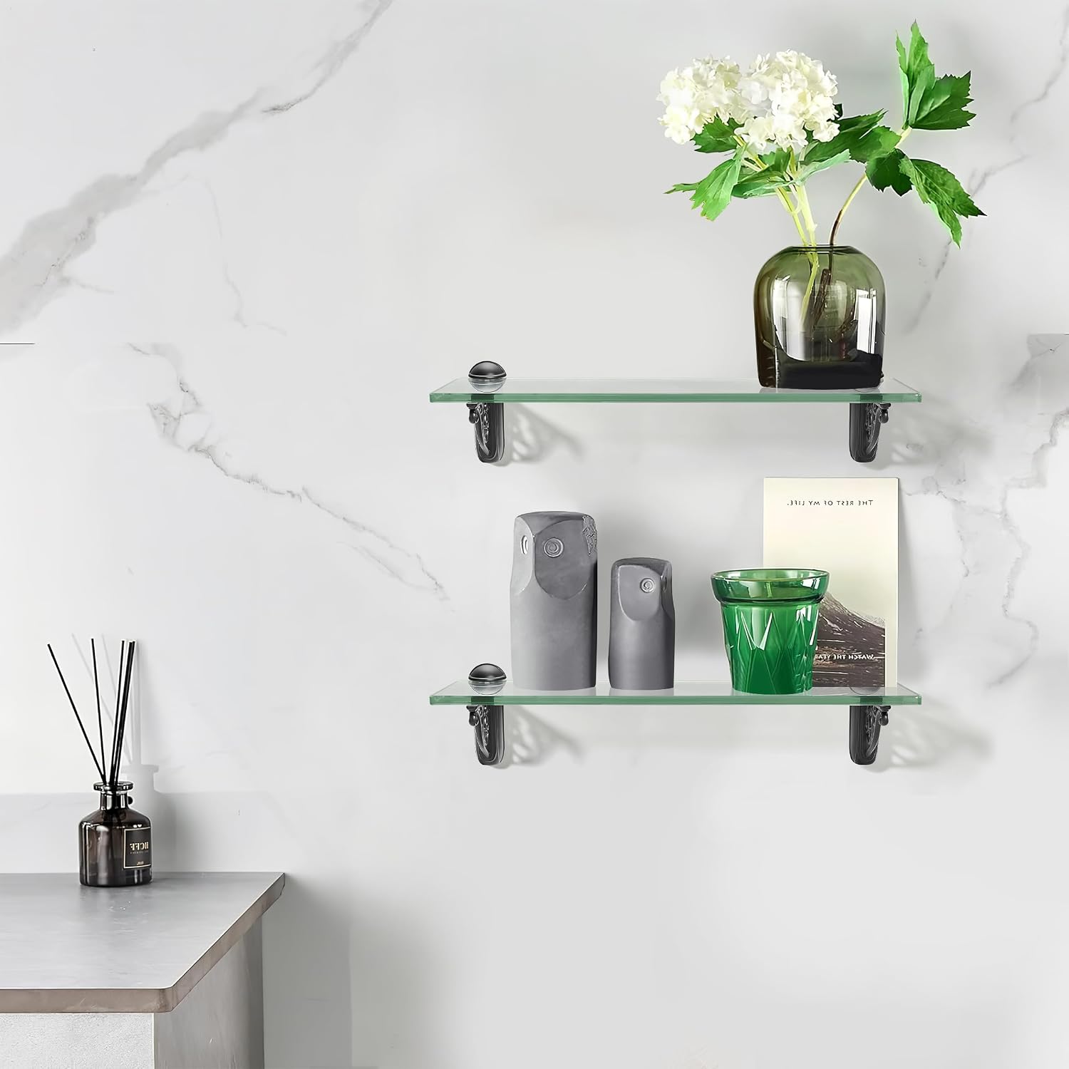 khtumeware 24 Inches Glass Shelves for Bathroom, Black Floating Glass Shelf Zinc Tempered Glass Bathroom Shelves for Wall Mount Modern