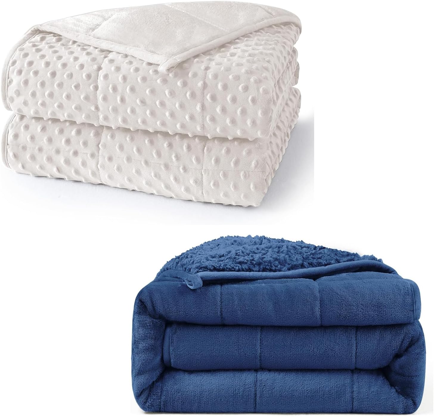 Minky Dot Weighted Blanket Queen Size 60"x80" 15lbs(Cream White) + Adult Weighted Blanket Queen Size 60"x80" 15lbs(Dark Blue)