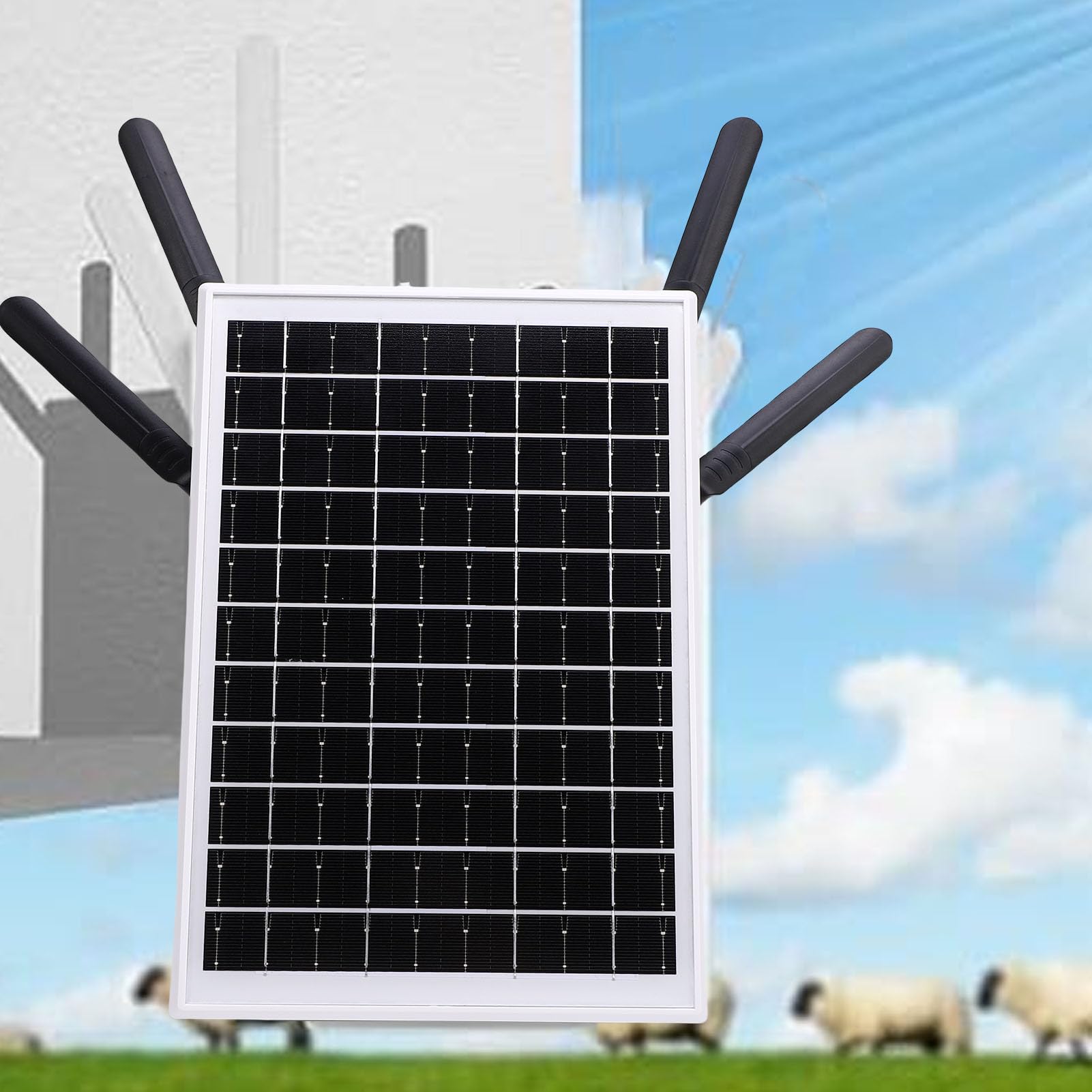 Fdit Router 4G Solare Impermeabile IP66 Pannello Solare 12W Extender WiFi 300Mbps con Slot per Scheda SIM per Aziende Agricole e Cantieri Edili (Antenne nere)
