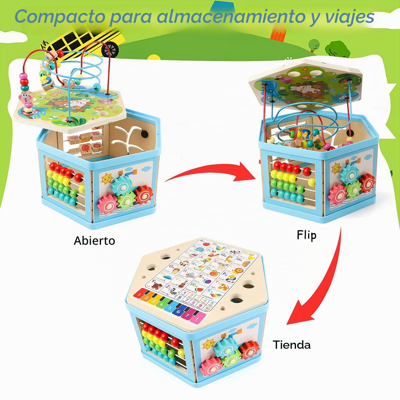 Jacootoys Cubo de actividad de madera, 7 en 1, cubo de actividad motora educativa de laberinto de perlas para niños, bebés, niños y niñas
