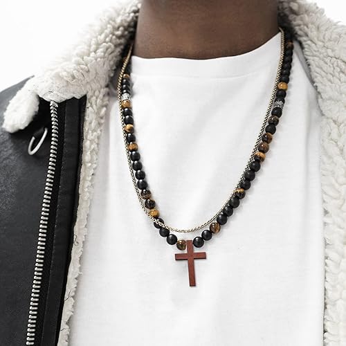 Miniatura 6 de 50 dijes de cruz de madera marrón, colgantes de cruz religiosa de madera con 50 cadenas de cuentas de bolas de metal plateado para manualidades,