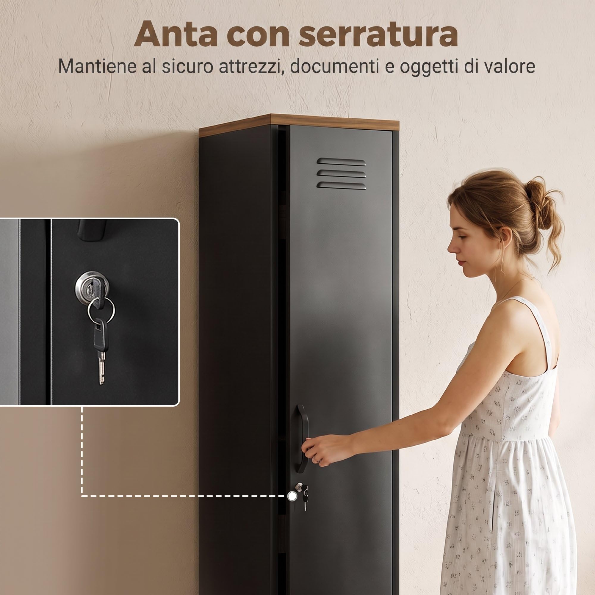HOMCOM Armadietto Spogliatoio 35x46x183 cm Nero e Marrone Effetto Legno | Slim in Metallo, Chiusura a Chiave, Ripiani Regolabili, Armadio Metallico Multiuso, Industriale, per Casa Ufficio Garage