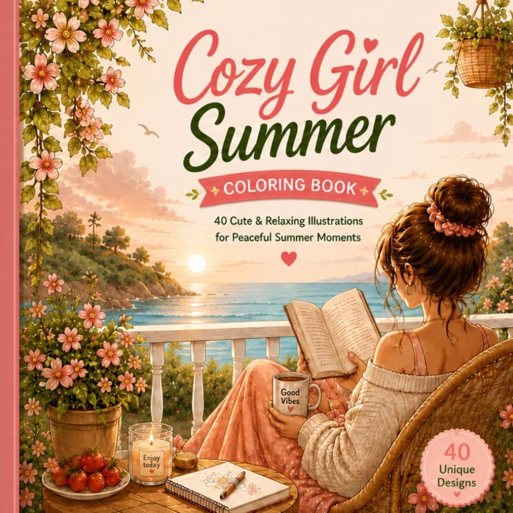 Cozy Girl Summer Coloring Book: Bold & Easy Summer Scenes for Stress Relief and Relaxation: 40 Aesthetic Cozy Lifestyle Illustrations of Cute Summer Moments for Teens and Adults