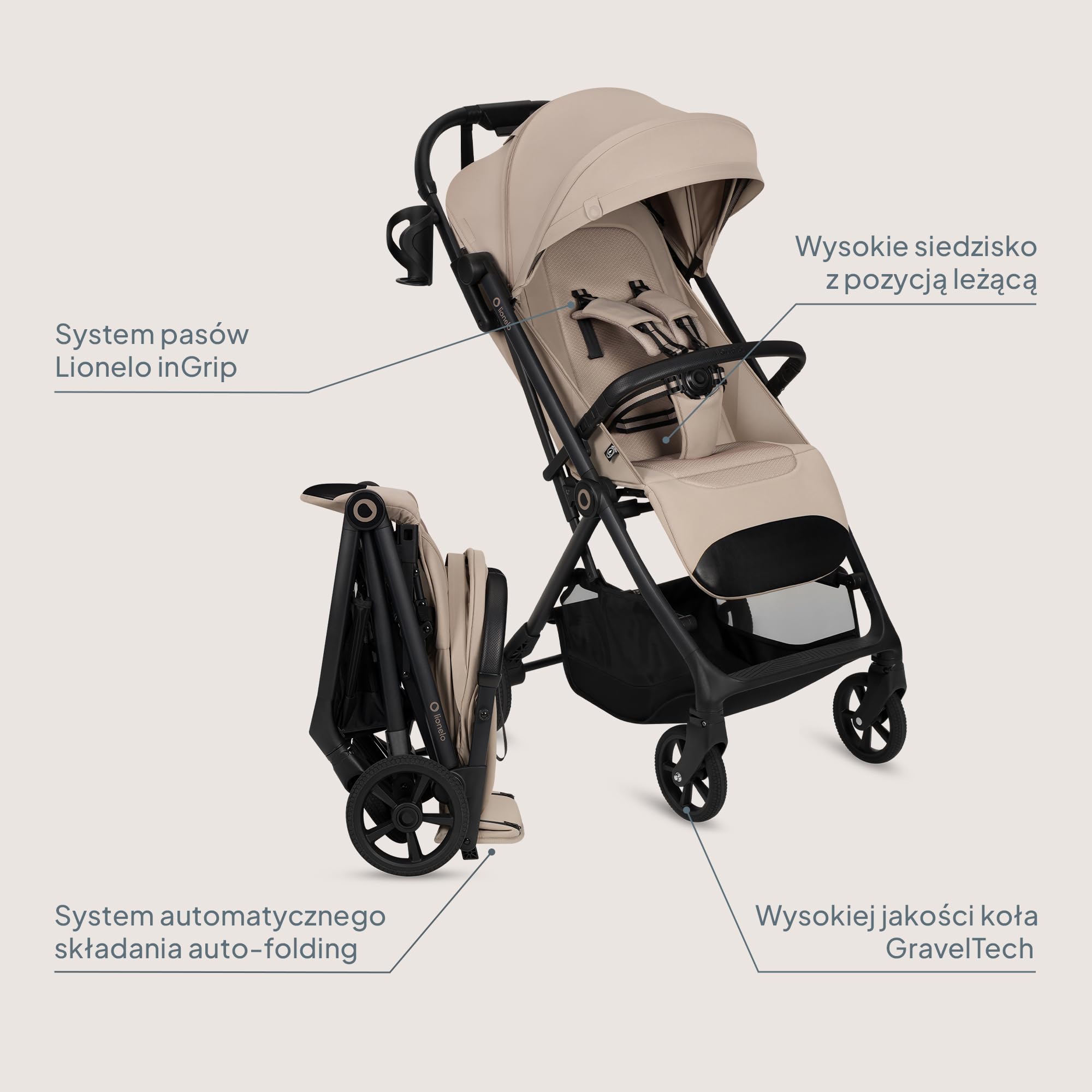 Lionelo Tansi wózek podróżny do 22 kg, 6 miesięcy – 4 lata, kompaktowy, składany jedną ręką, kółka GravelTech, pozycja leżenia 92 cm, osłona z ochroną UPF50+, wodoszczelny, kosz do 3 kg
