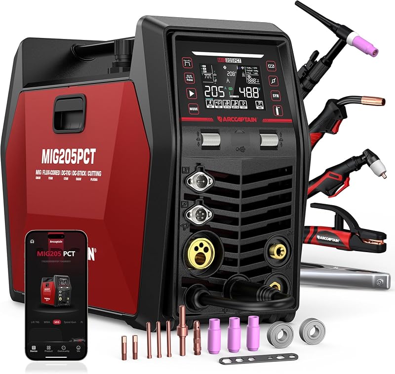 ARCCAPTAIN MIG205PCT MIG Welder with Plasma Cutter, 8 IN 1 Welding Machine | 120/240V,iControl App Control, Pulse MIG/Flux Core/Cut/DC HF/Lift TIG/Stick/Spool Gun Aluminum Welding, Metal Fabrication