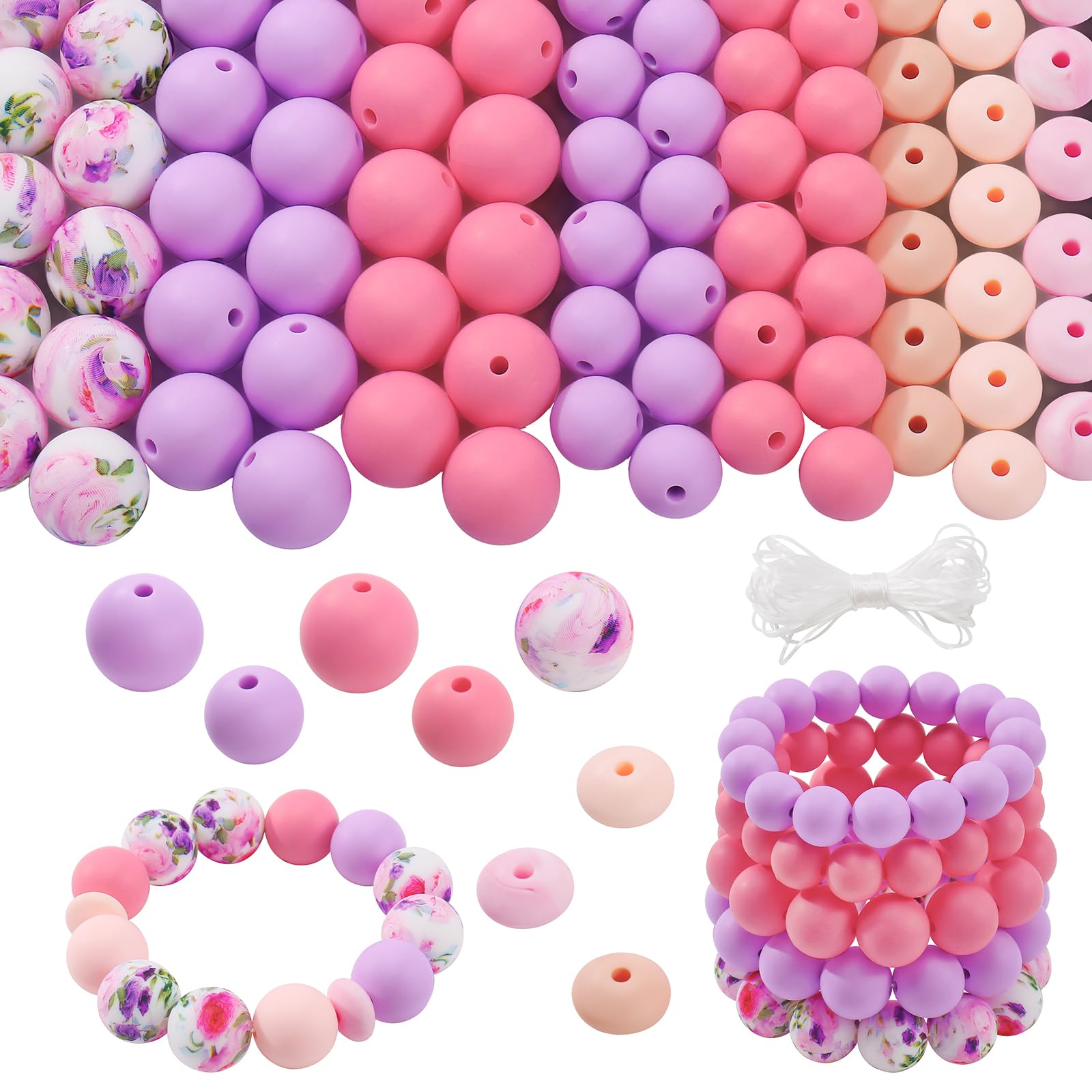 Coiris 101pcs Silicone Beads for Keychain Making 15mm 12mm Multicolor Round Lentil Focal Beads for Pens Bracelet Jewelry Making(PJ1002-Flower)