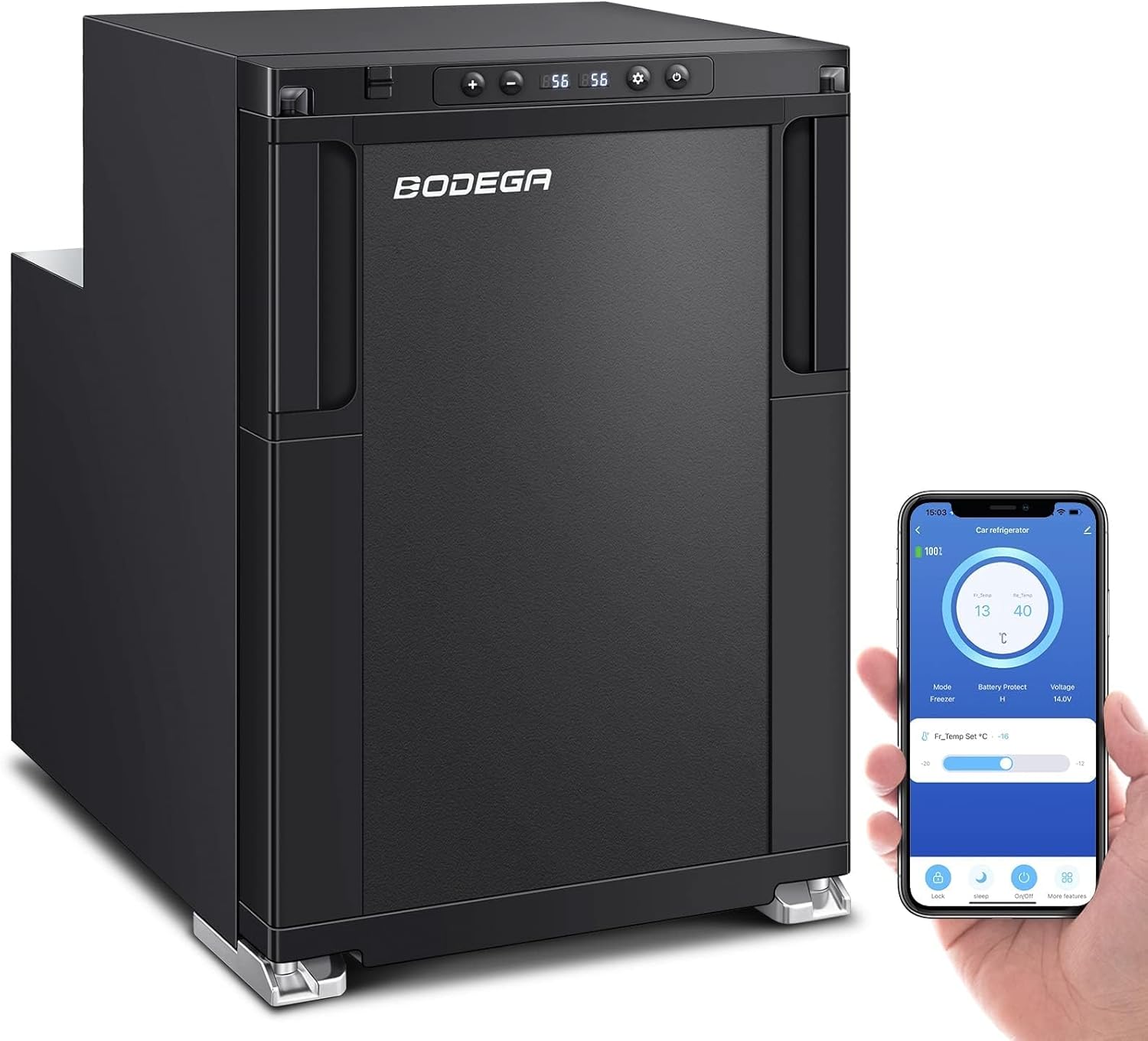 BODEGA [Upgraded 12 Volt Refrigerator, RV Refrigerator APP Control, 45L(1.6cu.ft) RV Fridge and Freezer, Electric Cooler with Lock, (-4?-46?) Fridge freezer 12/24V DC for Truck, RV, Camping, Travel 45L(1.6cu.ft) Black