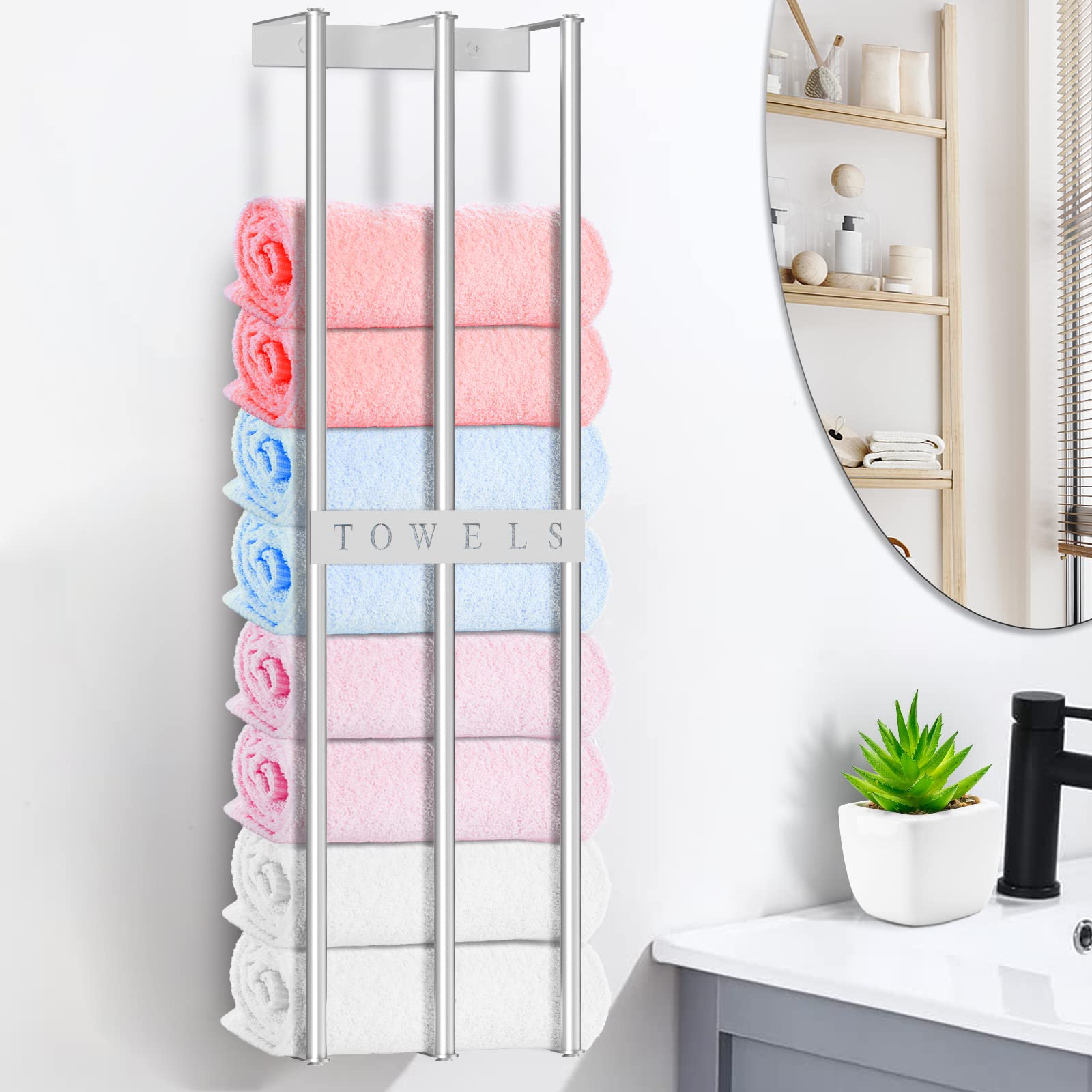 Towel Racks for Bathroom, EFOBO 3 Bar Wall Mounted Towel Holder, Waterproof Heavy Duty Towel Storage, for Folded Large Rolled Towel Washcloths, No Drilling(Silver)