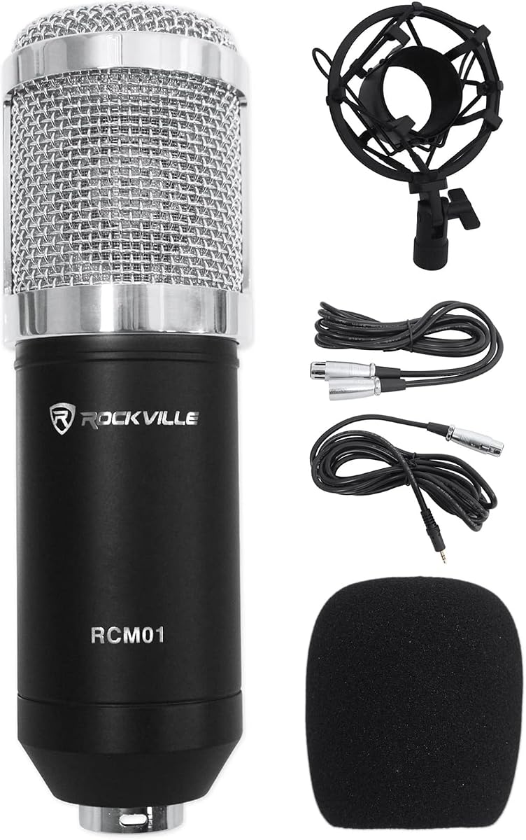RCM01 Pro Studio Condenser Microphone, 200 Ohm, Cardioid Pattern, Metal Shock Mount, 30Hz-20kHz Frequency, XLR and 3.5mm Cables, for Vocals and Podcasting | 25mm Diaphragm, Cardioid, 48V Phantom Power, 30Hz-20kHz, 130dB SPL, 10 Ft XLR/3.5mm Cables, Foam Cap