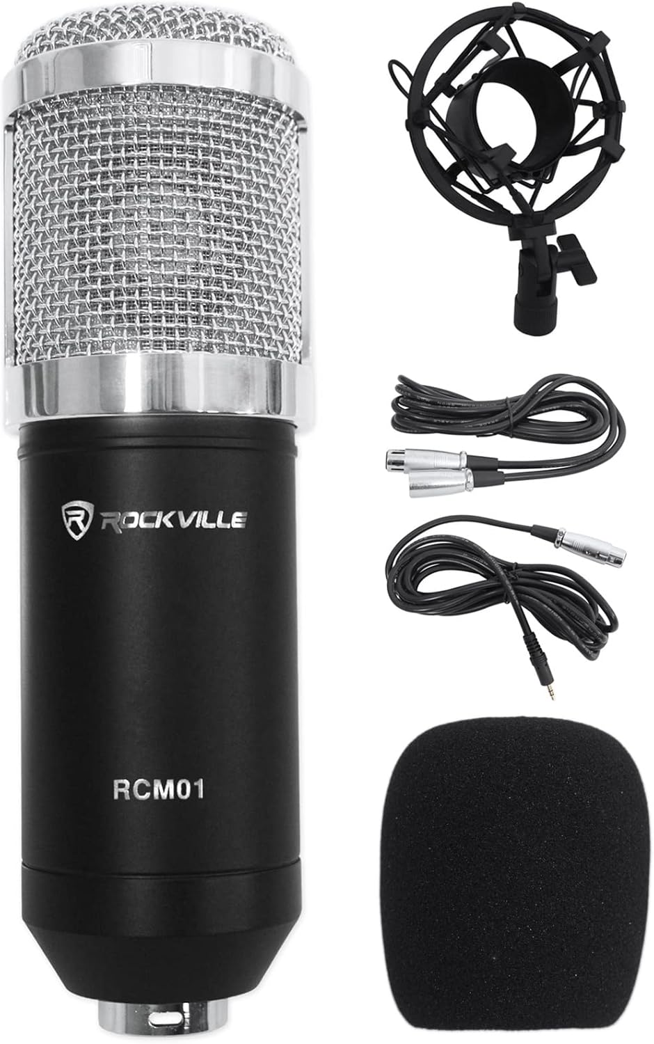 Rockville RCM01 Pro Studio Condenser Microphone, 200 Ohm, Cardioid Pattern, Metal Shock Mount, 30Hz-20kHz Frequency, XLR and 3.5mm Cables, for Vocals and Podcasting