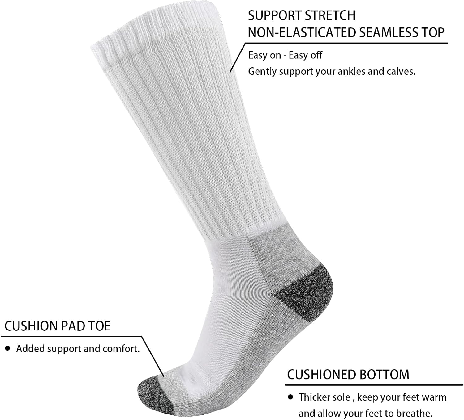 Diabetic Socks for Men Women Loose Fit Non-Binding Seamless Cuff Extra Wide Cotton Crew Socks Black White - Image 3