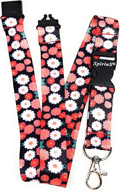 SpiriuS Neck Strap Lanyard with Strong Metal Clip for ID Badge Holder, Key Holder (Daisies in Black)