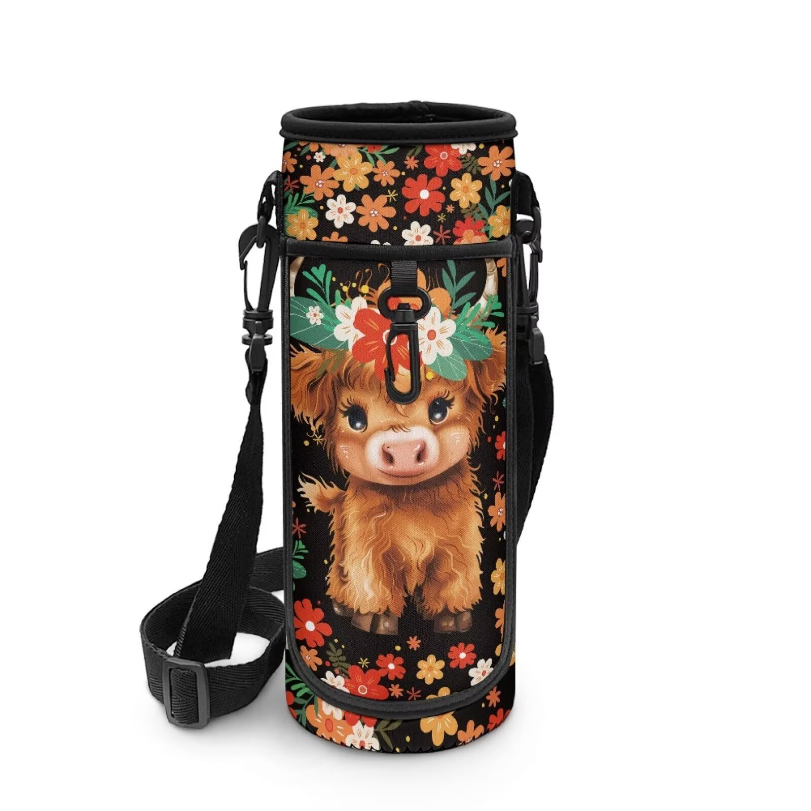 POLERO Highland Cow Water Bottle Holder with Strap Girls Cute Sports Water Bottle Carrier Floral Neoprene Sleeve Bags