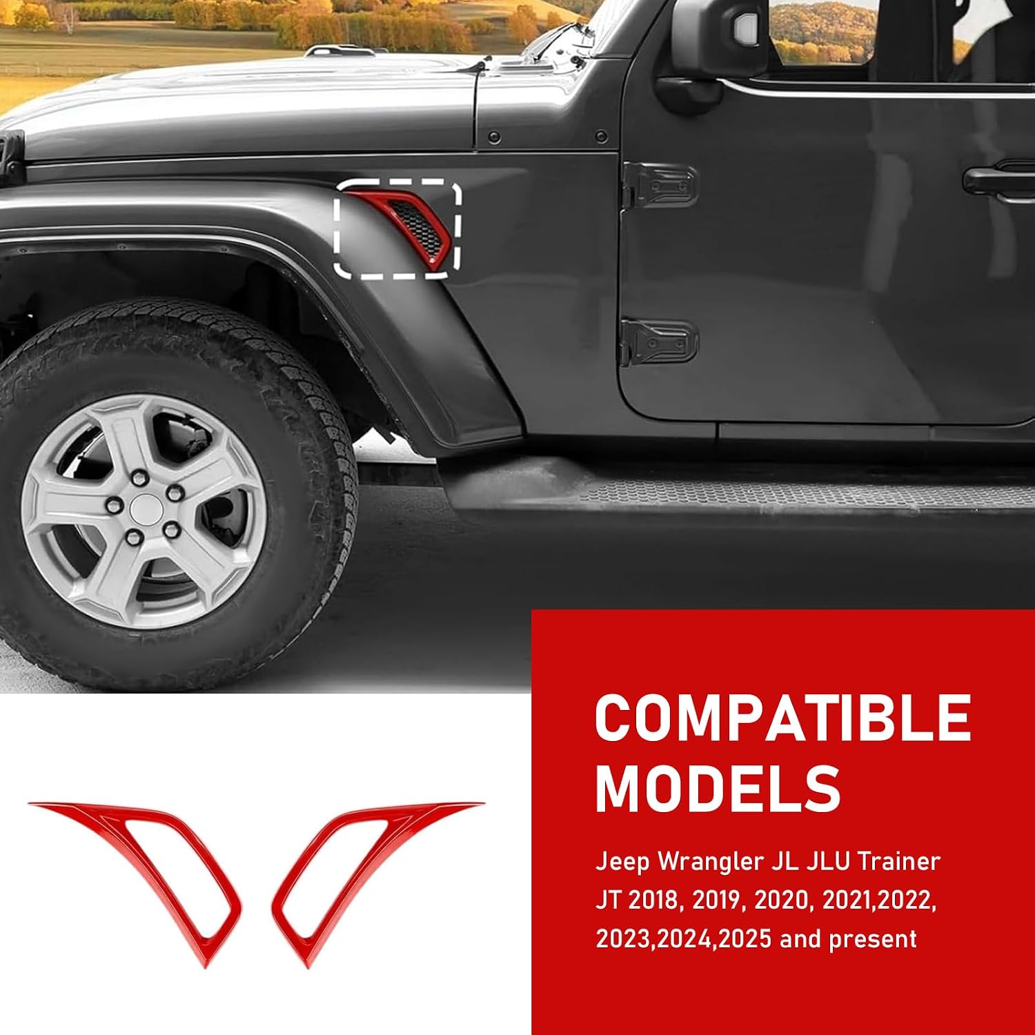 2PCS Wheel Fender Air Vent Inlet Trim Cover Decor, Side Fender Hood Vent Trim Panel, Compatible with Jeep Wrangler JL JLU Gladiator JT 2018-2025, Red Auto Exterior Accessories