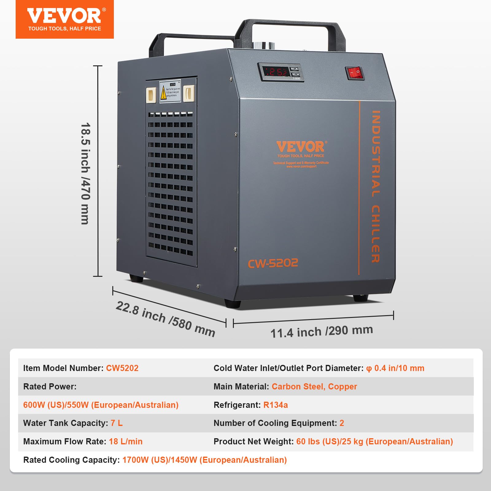VEVOR Refrigeratore d'acqua industriale, CW-5202, sistema di raffreddamento, capacità del serbatoio dell'acqua 7 litri, portata 18 l/min per macchina per incisione laser