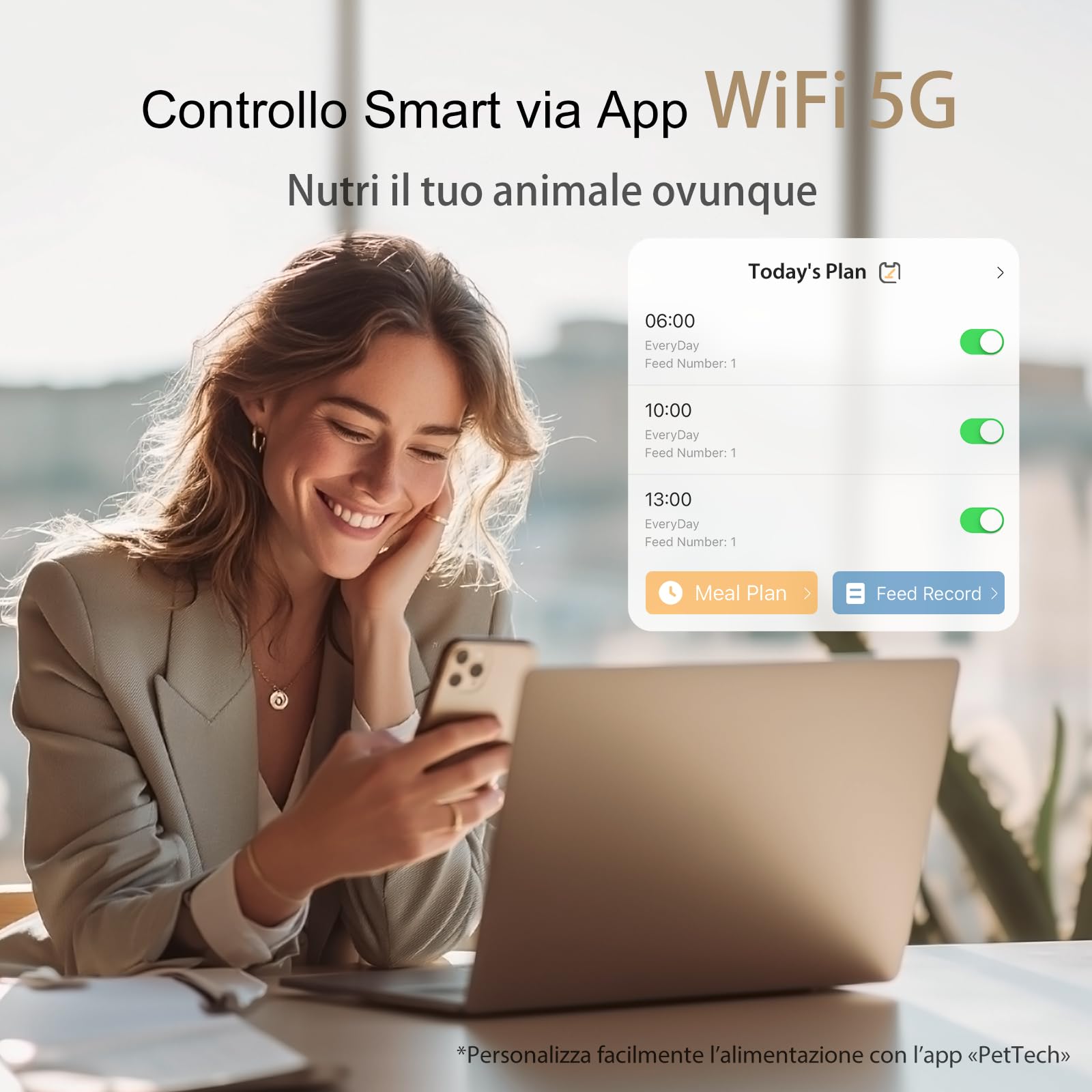 IMIPAW Distributore Automatico Cibo Gatti, Controllato da APP, 2.4G | 5G WiFi Alimentazione a Distanza, 10 Pasti al Giorno, 4L Dispenser Cibo Secco per Animali Di Piccola e Media Taglia (Nero, 4L)