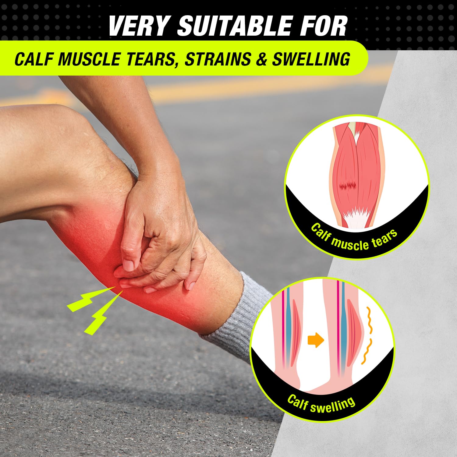 Sylong® Torn Calf Muscle Compression Sleeve Wrap Brace for Calf Swollen, Edema, Soreness, Strain, Cramps, Varicose veins, with 4 sets of Elastic straps - M (1 pack)